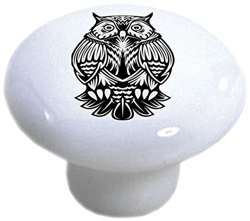 Set of 2 Hand-Painted Tribal Owl Ceramic Drawer Knobs - Boho Chic Cabinet Hardware for Kitchen, Bathroom & Furniture (Black & White Design)
