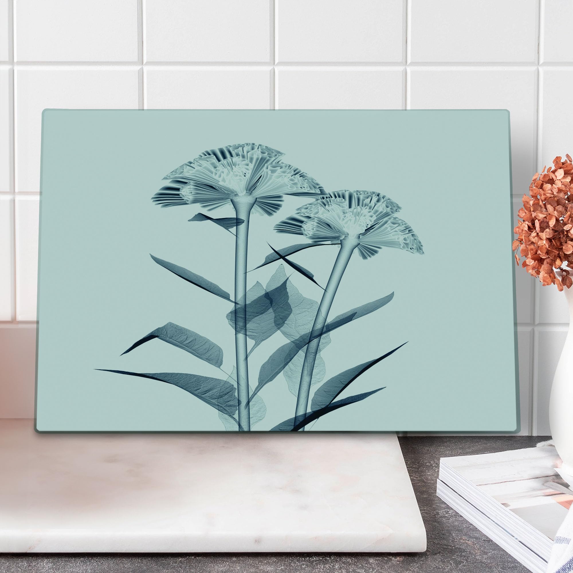 Ambesonne Floral X-Ray Cutting Board - Tempered Glass Serving Tray with Unique Flower Radiography Design, Large Teal & White Decorative Board for Kitchen, Dining & Gift Giving