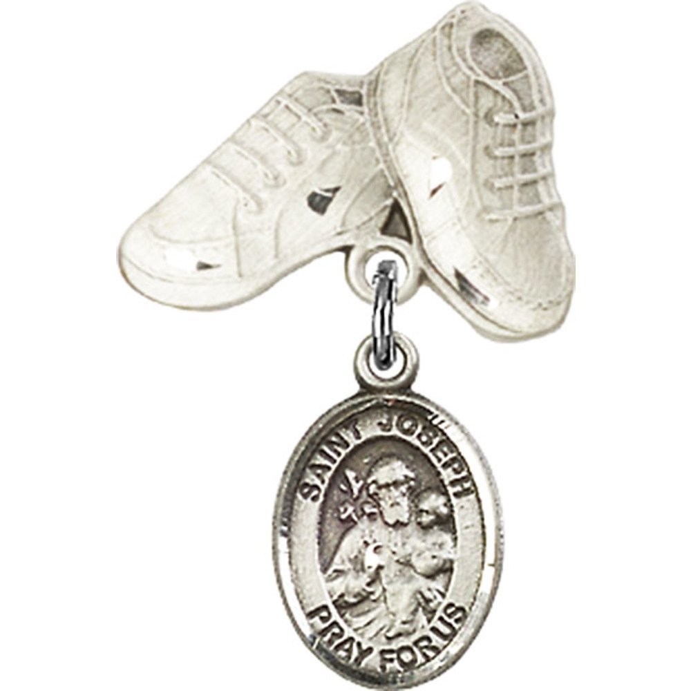 St. Joseph Sterling Silver Baby Badge Charm - 1 X 5/8 Inch Religious Keepsake Pin with Baby Boots - Perfect for Christening Gifts, Baptism Jewelry & Newborn Blessings