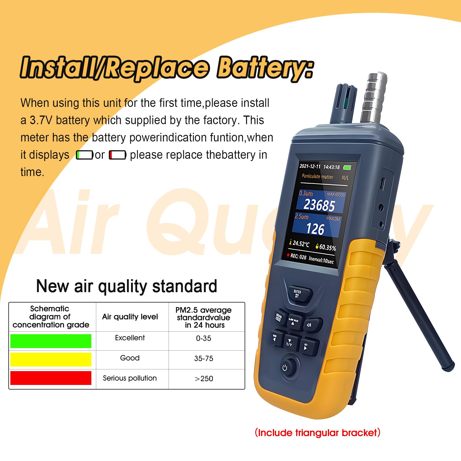 High Sensitivity Air Quality Monitor with PM0.3/2.5/10 Detection - 3-Channel Dust Particle Counter, Temperature & Humidity Sensor, USB Rechargeable for Home, Office & Travel Use