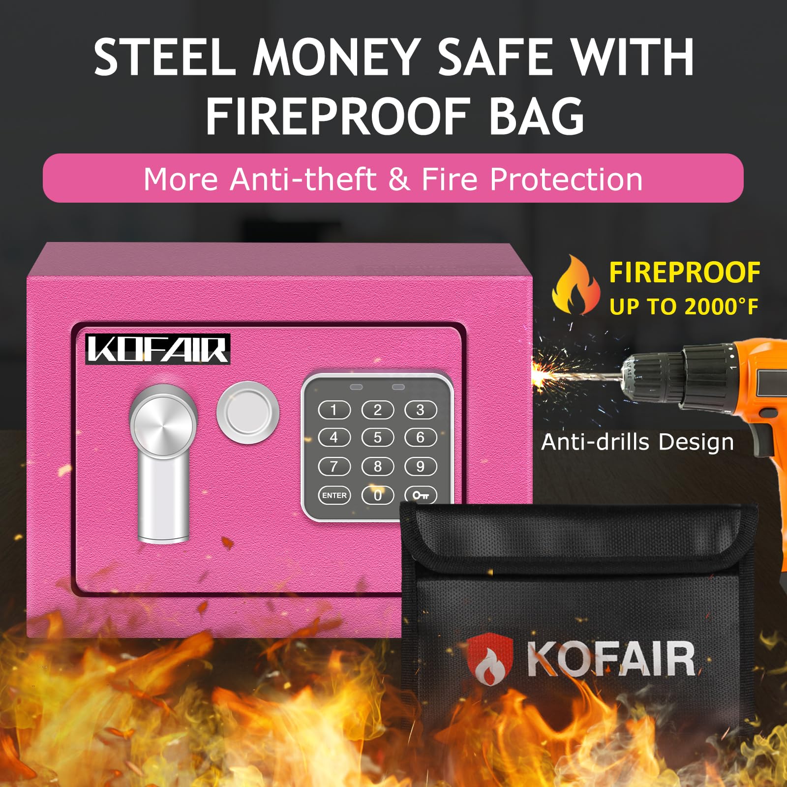 Fireproof Home Safe Box 0.23 Cubic Feet - Digital & Key Lock Security Safe for Cash, Jewelry, Documents - Portable Money Safe with LED Light & Fireproof Bag (Pink) - Perfect for Bedroom, Office, Travel & Emergency Storage