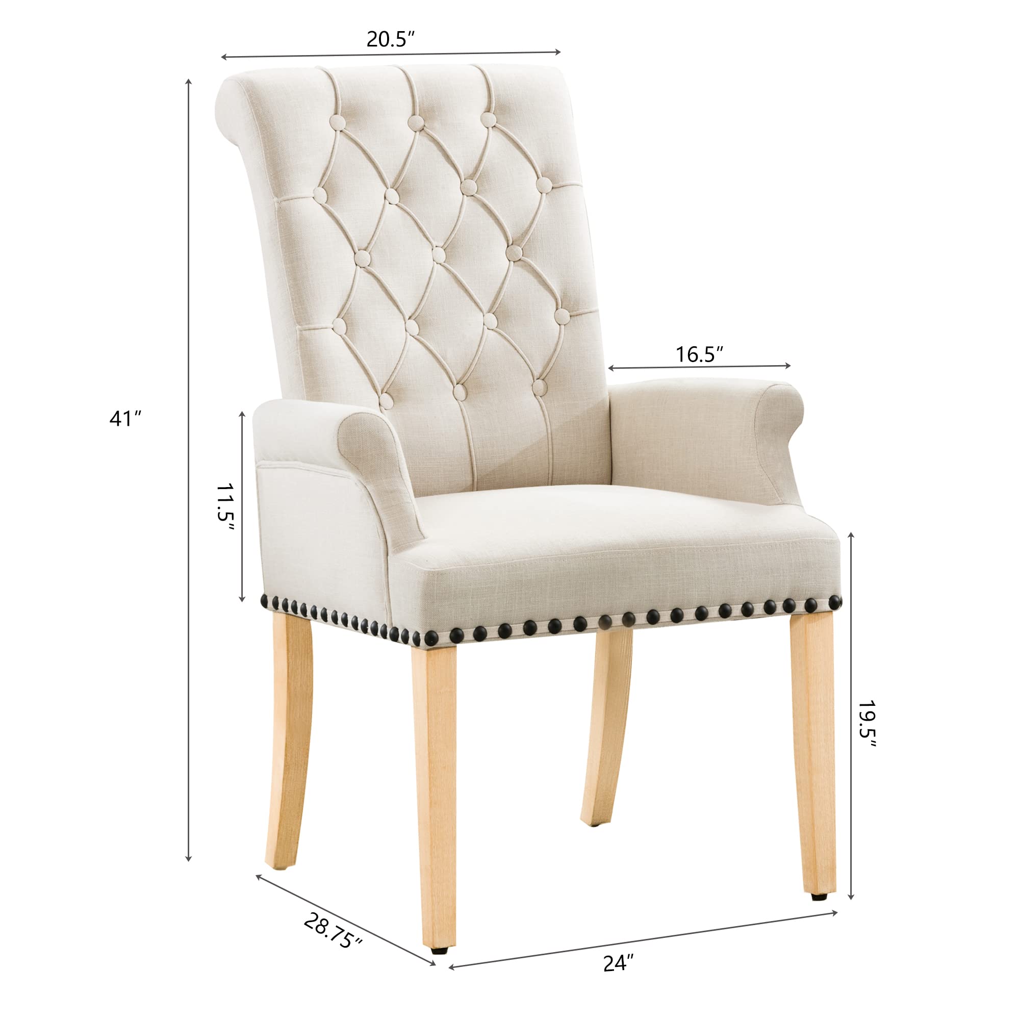 Luxury Fabric Dining Chairs - Upholstered Tufted Armrest Accent Chairs with Nailhead Trim & Solid Wood Legs for Home, Kitchen, Living Room (Beige) | Perfect for Dining Sets, Breakfast Nooks & Elegant Home Decor
