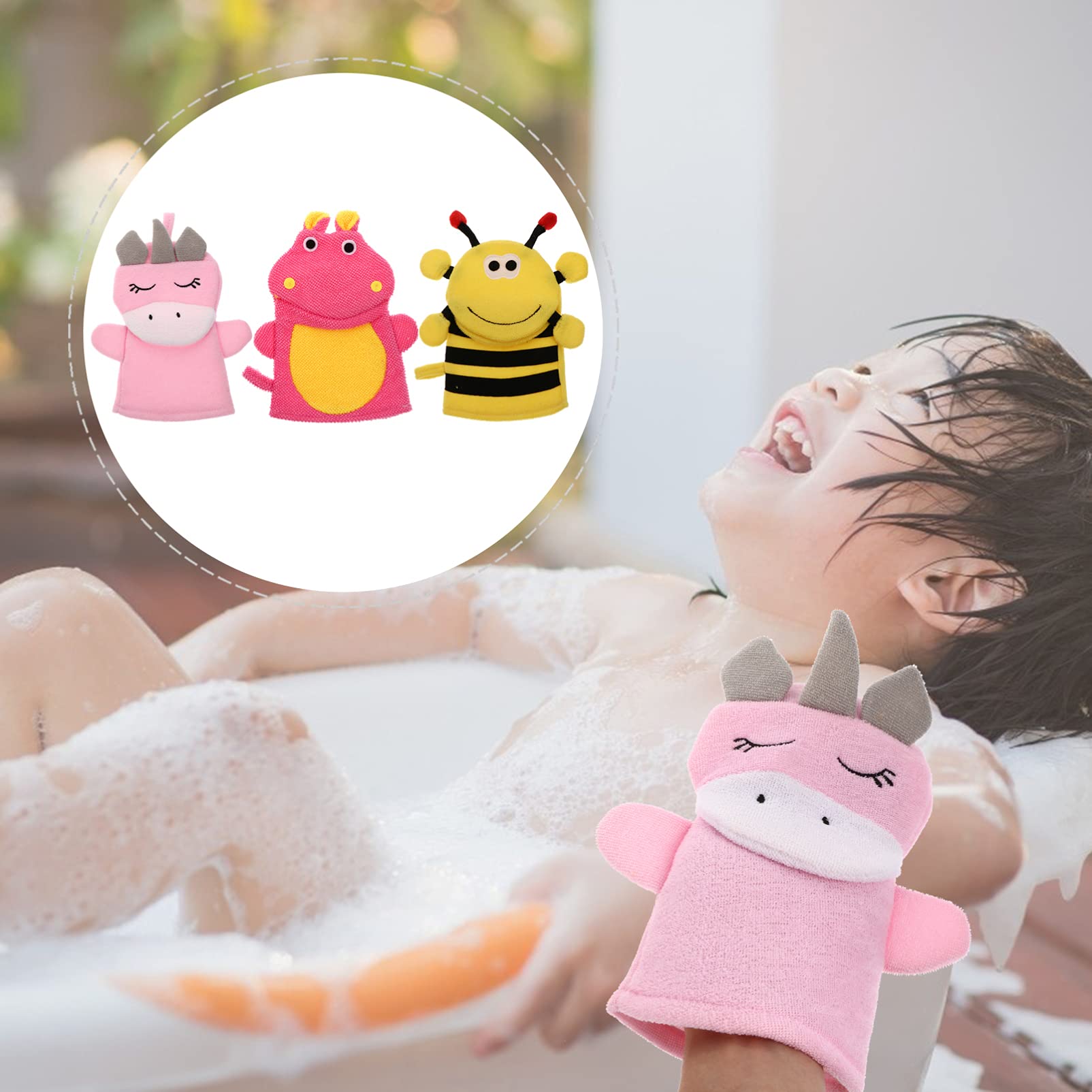 Lurrose 3Pcs Baby Bath Mitt - Soft Animal Bath Puppet Washcloths & Body Scrub Gloves for Toddlers (Cute Bee & Hippo) | Gentle Exfoliating Sponge for Infant Shower Time | Perfect Kids Bath Accessories for Sensitive Skin