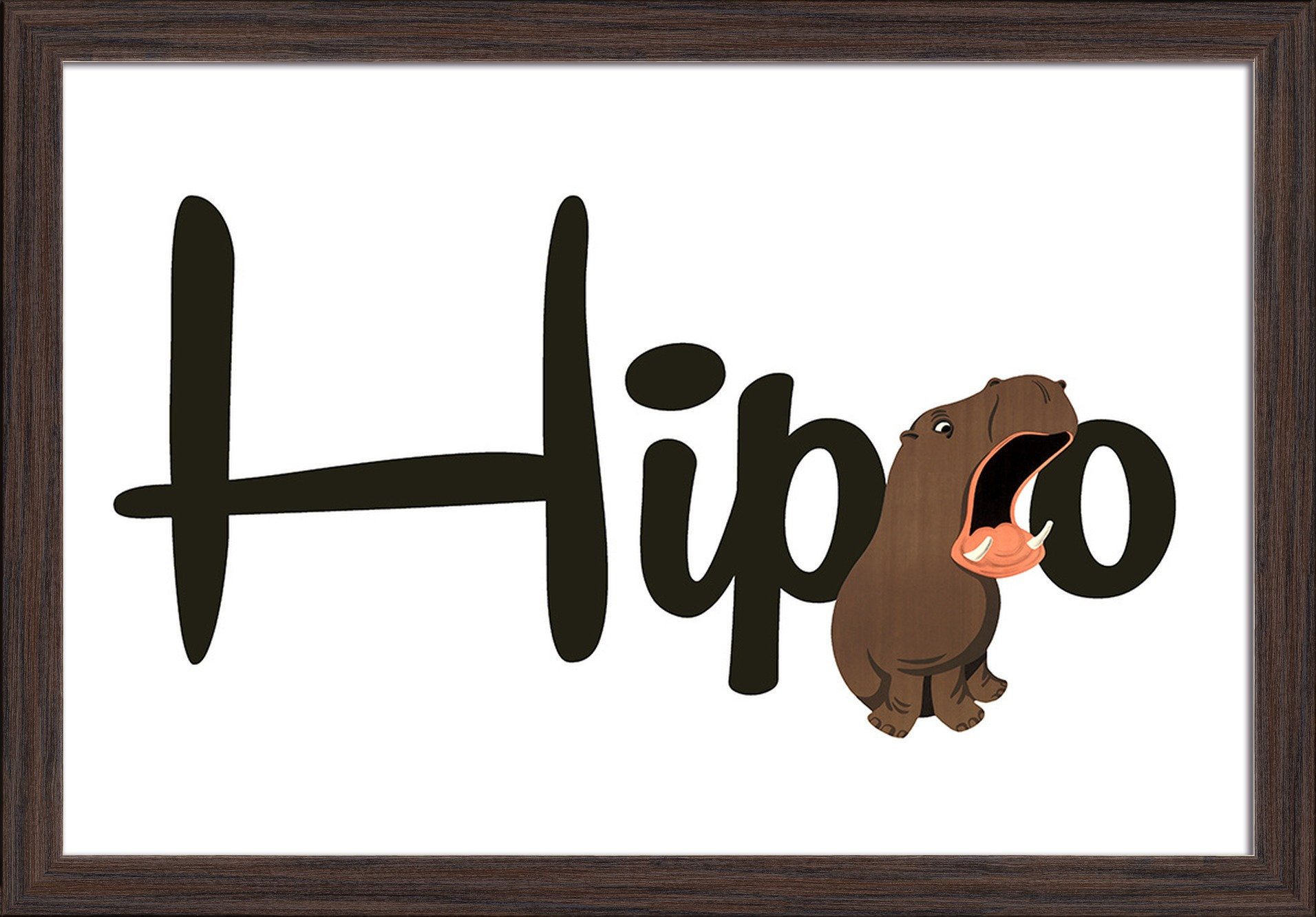 Hippo Word Play - 16x24 Giclee Fine Art Print with Recycled Wood Frame in Espresso Brown - Perfect for Nursery, Kids Room Decor & Unique Gift Idea