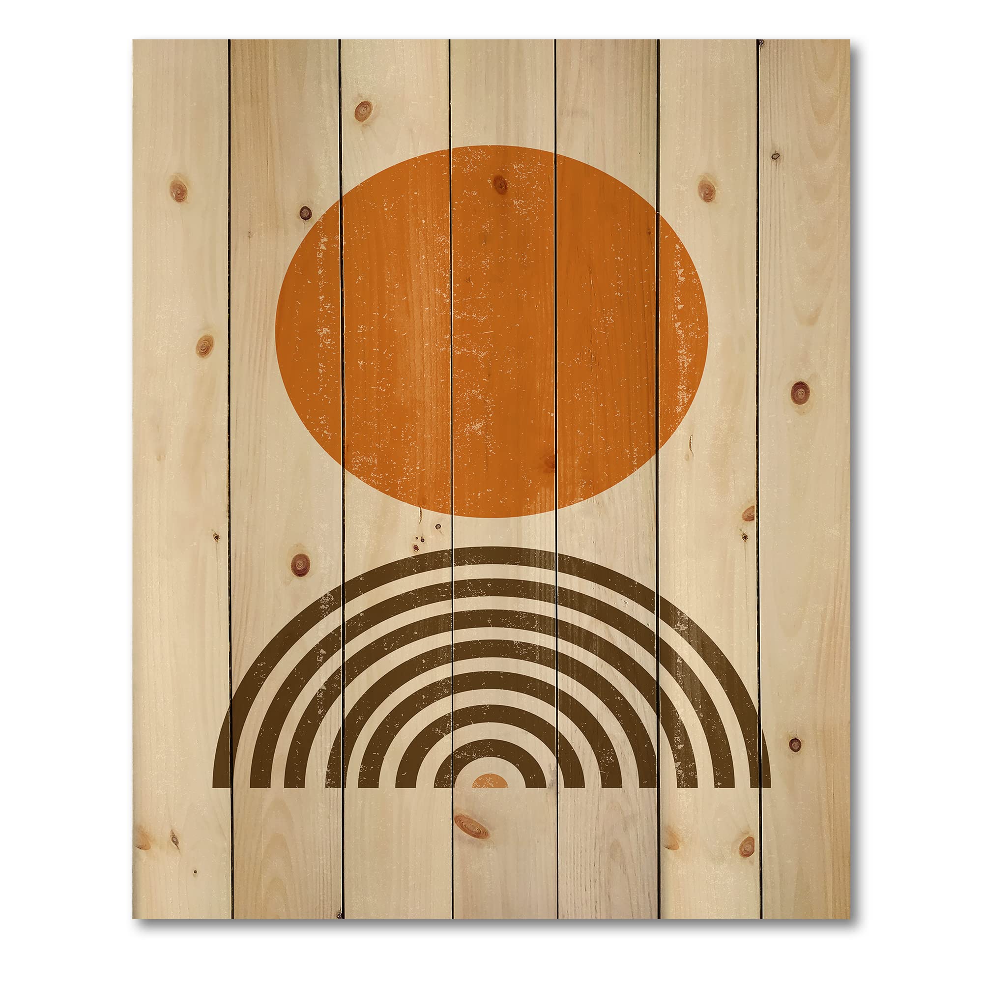 Abstract Minimal Orange Sun and Rainbow Wood Wall Art - Modern Contemporary Geometric Wall Decor Printed on Natural Pine - Perfect for Living Room, Bedroom, or Office Decor