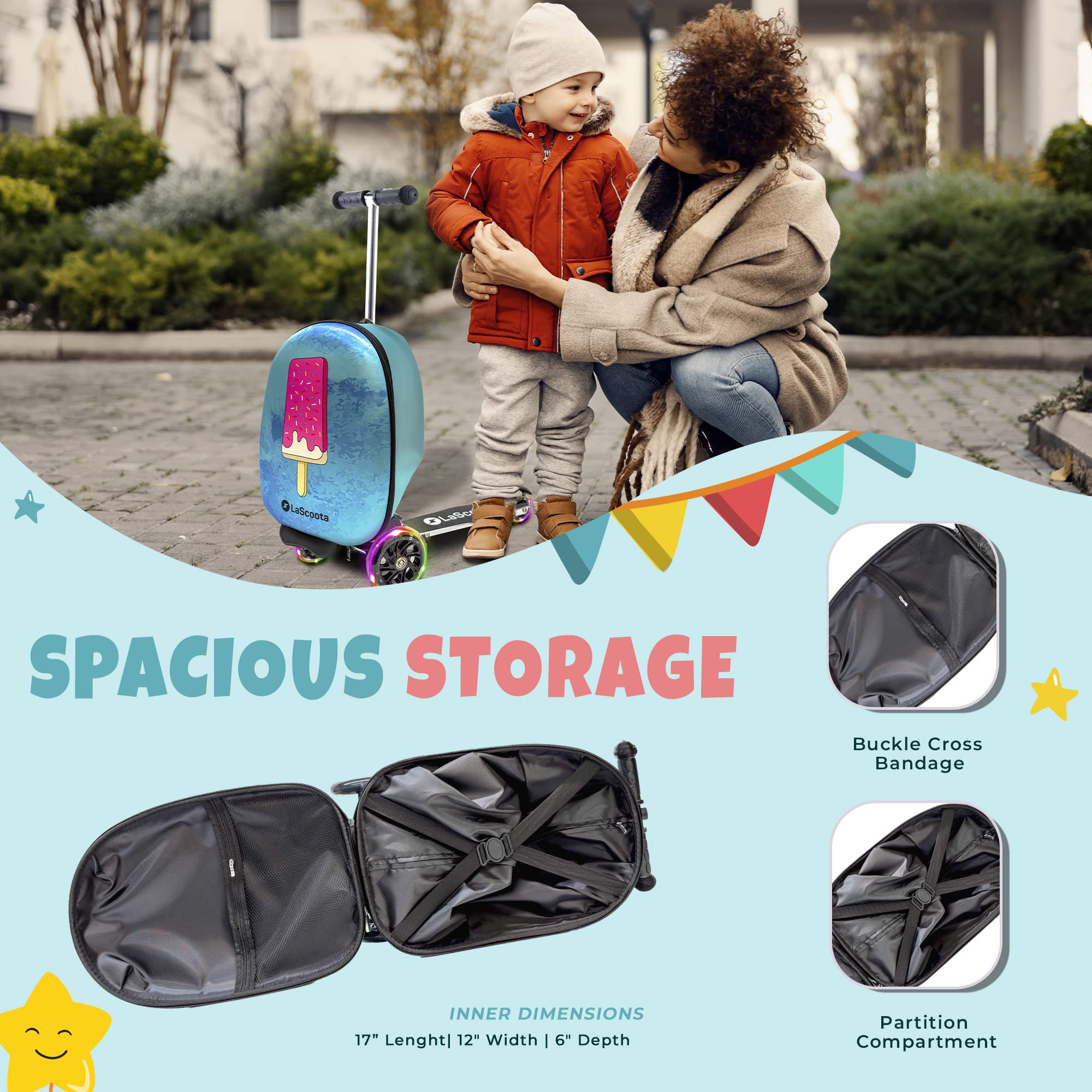 Lascoota Foldable Scooter Suitcase for Kids Ages 2-5 - Lightweight Ride-On Luggage with LED Wheels & Astronaut Design - Perfect for Air Travel, Road Trips & Playtime Adventures