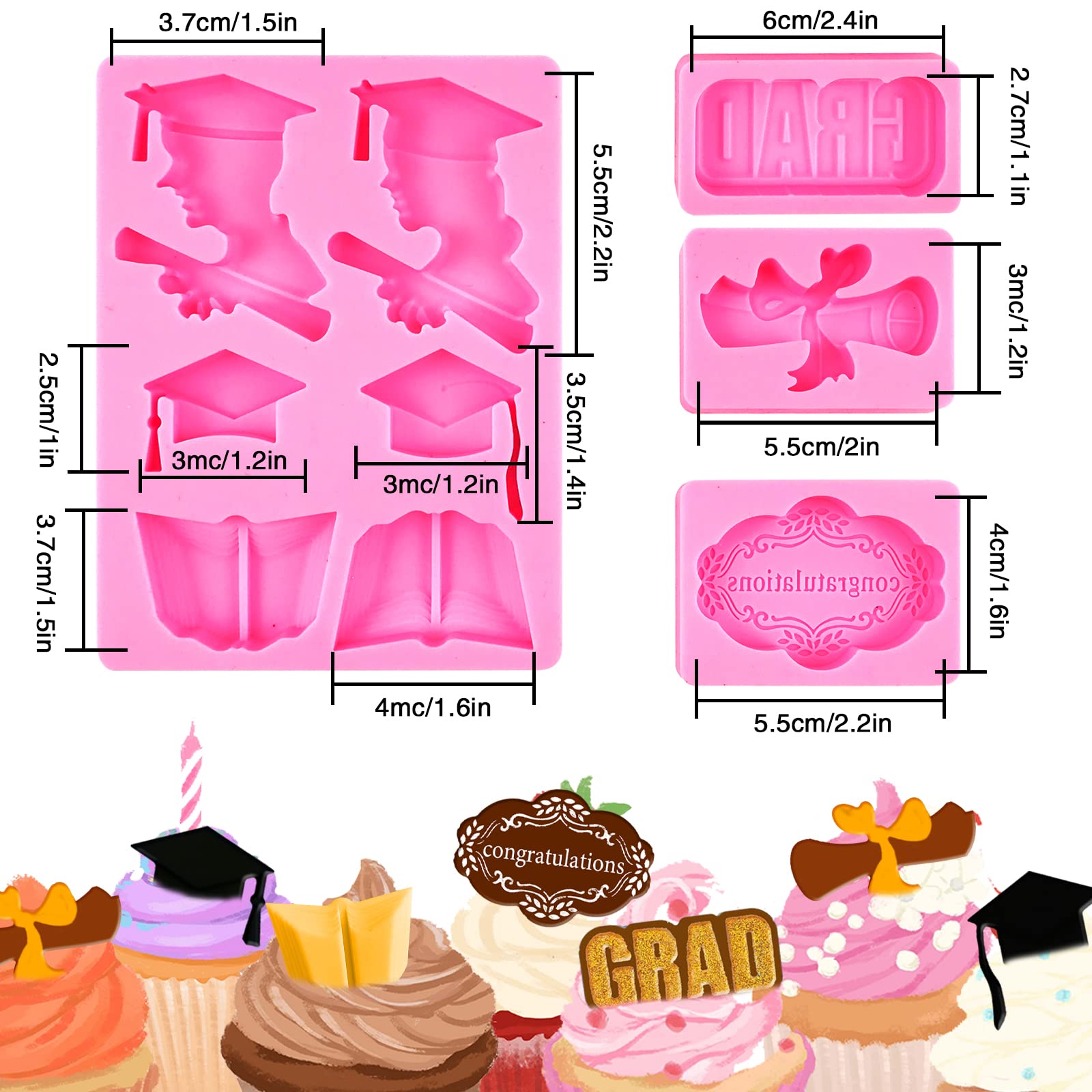 4-Piece Graduation Silicone Mold Set - Fondant, Chocolate, Resin Molds for Diploma & Graduation Cap - Perfect for Cake, Cookie, Cupcake Decorations - Great for Graduation Parties & Celebrations (Pink)