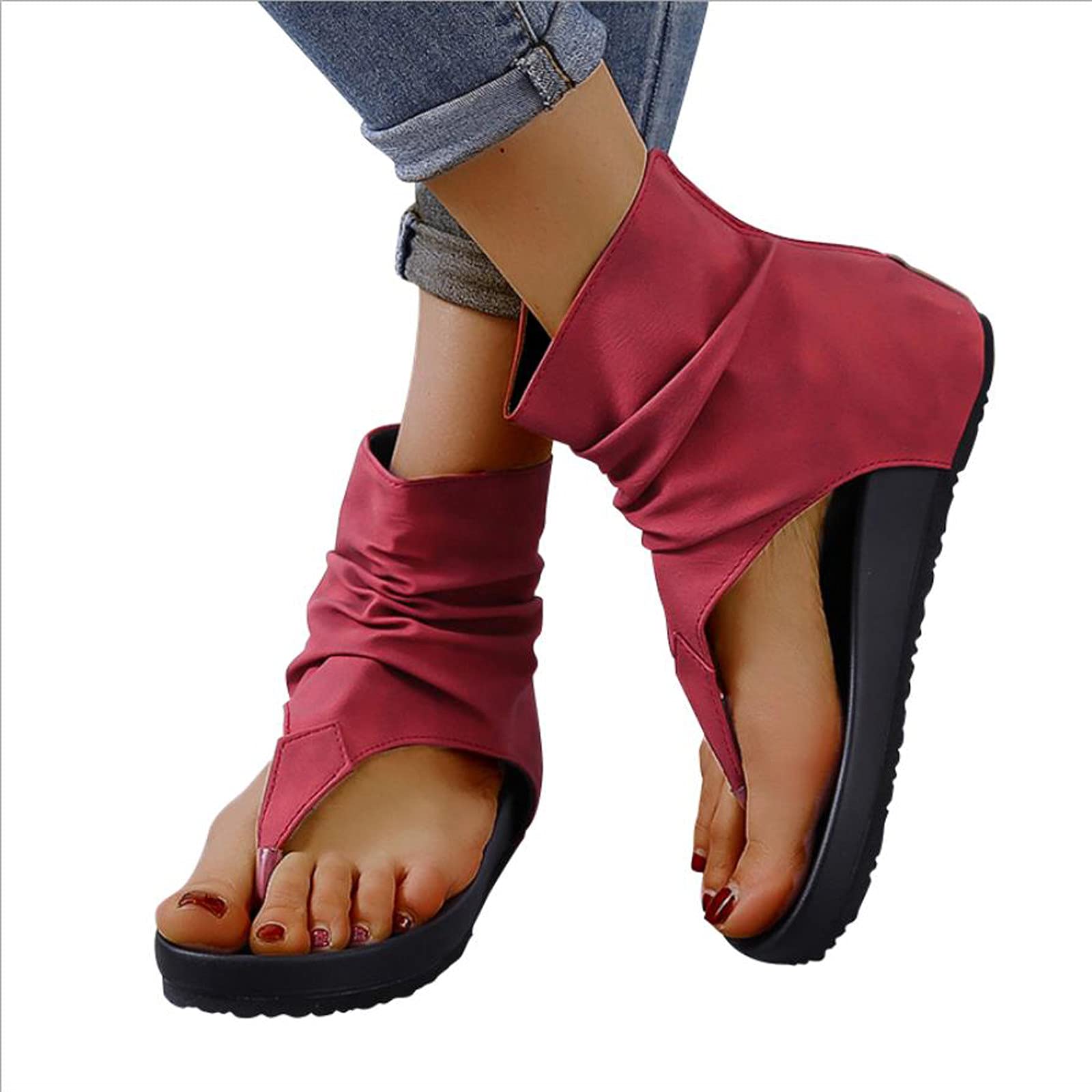 JJKM Women's Vintage T-Strap Flat Sandals with Zipper - Open Toe Beach Slides for Summer Casual Wear, Wedge Sandals for Walking, Travel & Outdoor Activities