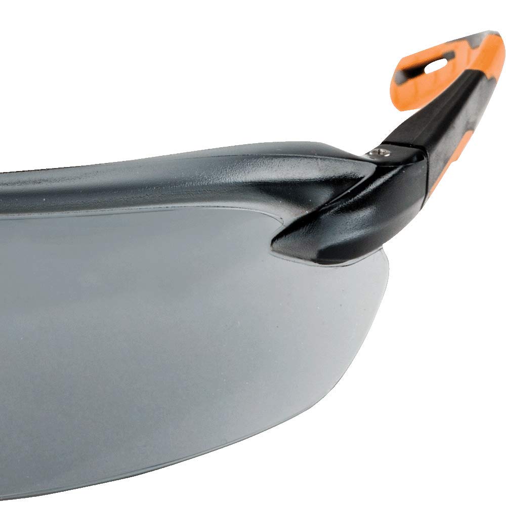 Sellstrom Lightweight Safety Glasses with Anti-Scratch Smoke Lens - Hard Coated Protective Eyewear for Work & DIY - Black/Orange Co-Molded 3-Position Ratcheting Temples with Soft Nose Piece (Pack of 1) - Ideal for Construction, Woodworking & Industrial Use - Model S71201