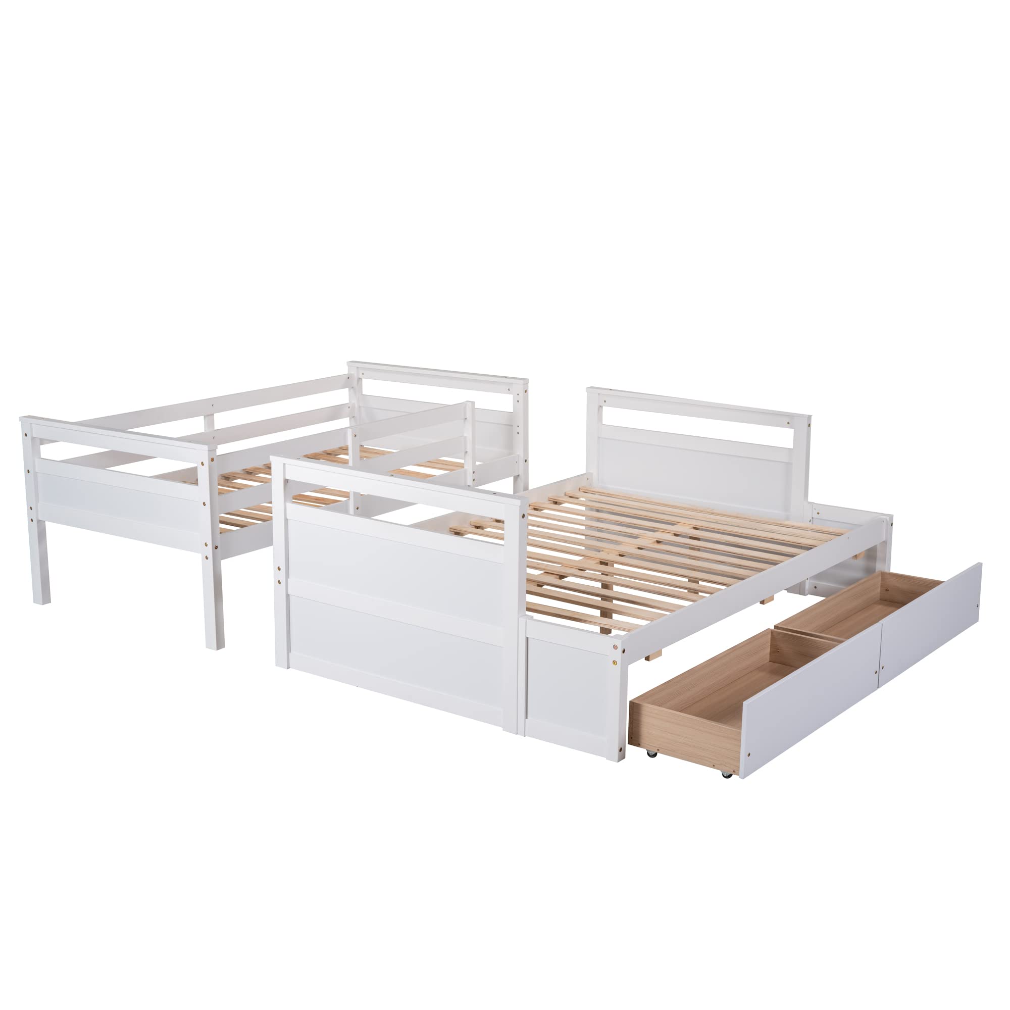 Twin Over Full Bunk Bed with Storage Drawers - Convertible Wooden Bunk Bed Frame for Kids, Teens & Adults - Includes Safety Guardrail & Ladder - Splits into 2 Separate Beds (White) - Perfect for Small Bedrooms, Guest Rooms & Vacation Homes