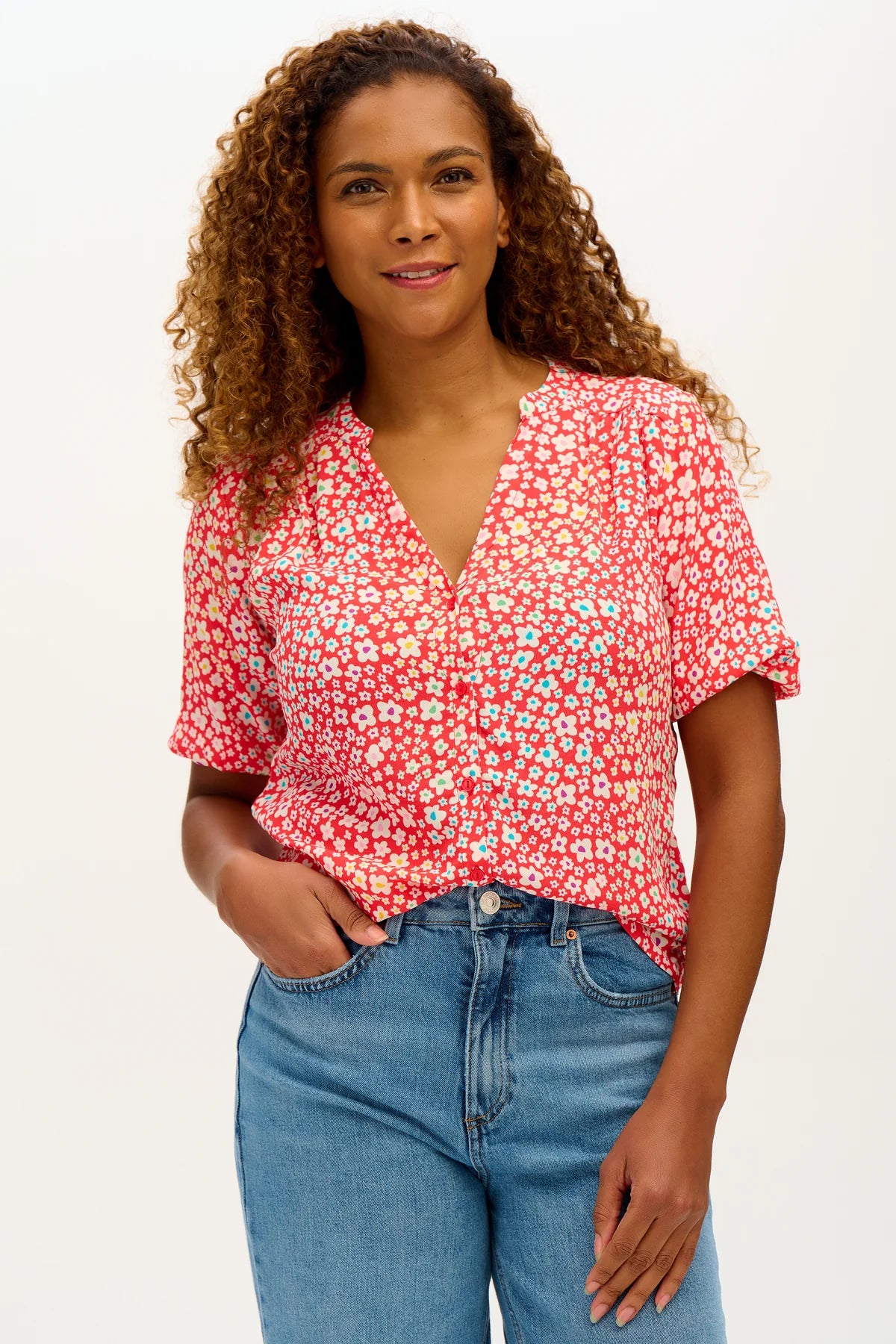 Connie Blouse - Red Rainbow Daisy Print Women's Top | Floral Blouse for Casual Wear, Office & Spring Outfits