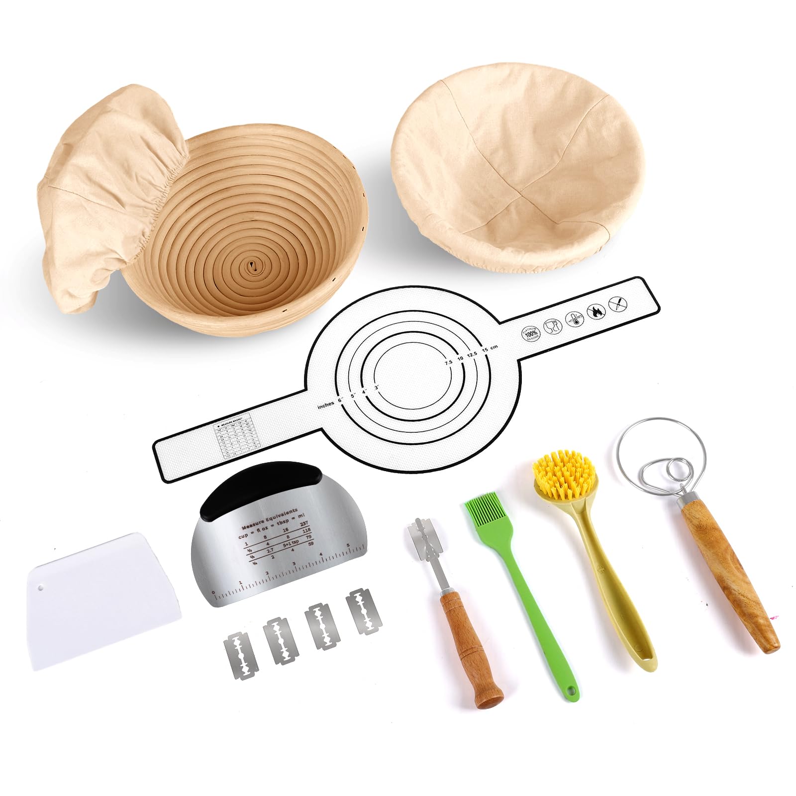 2-Pack 9 Inch Round Banneton Bread Proofing Basket Set - Sourdough Starter Kit with Dough Whisk & Bread Lame - Perfect for Artisan Bread Baking, Homemade Sourdough & Bread Making Gifts