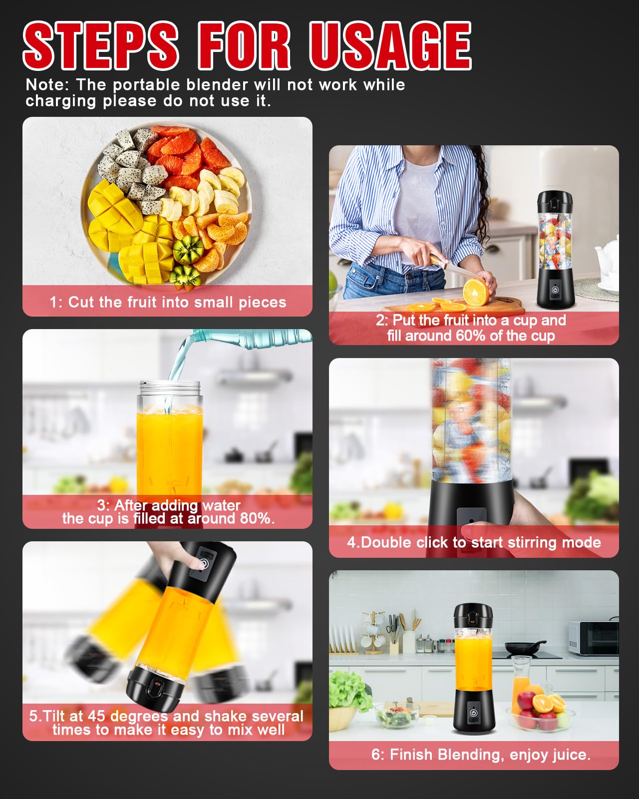 Portable USB Rechargeable Personal Blender - 380ml Mini Blender for Smoothies, Shakes & Juices with 6 Blades & Strong Cutting Power - Perfect for Travel, Gym, Office, Camping & Home Use