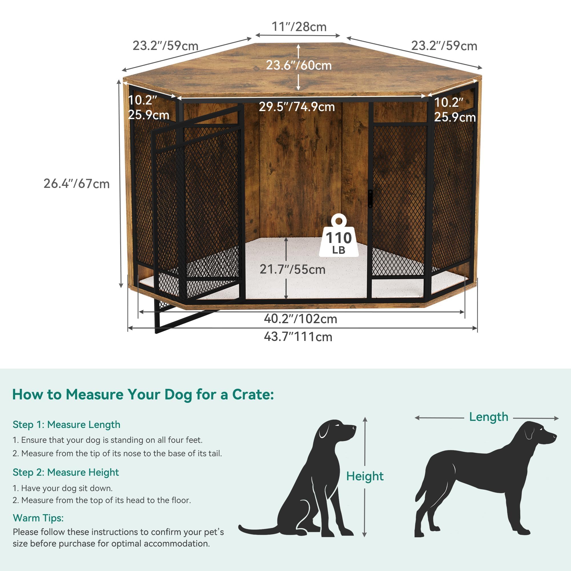 YITAHOME 43.7 Inch Wooden Dog Crate Furniture - Corner Kennel End Table with Metal Mesh for Small & Medium Dogs, Brown | Pet Furniture for Living Room, Bedroom & Office