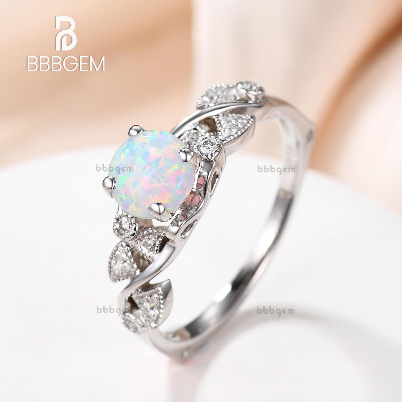 14K & 18K Rose Gold Opal Engagement Ring - Round Cut Art Deco Wedding Band with Milgrain Detailing - Vintage Style Anniversary Gift Set for Women - Perfect for Proposals, Weddings & Special Occasions