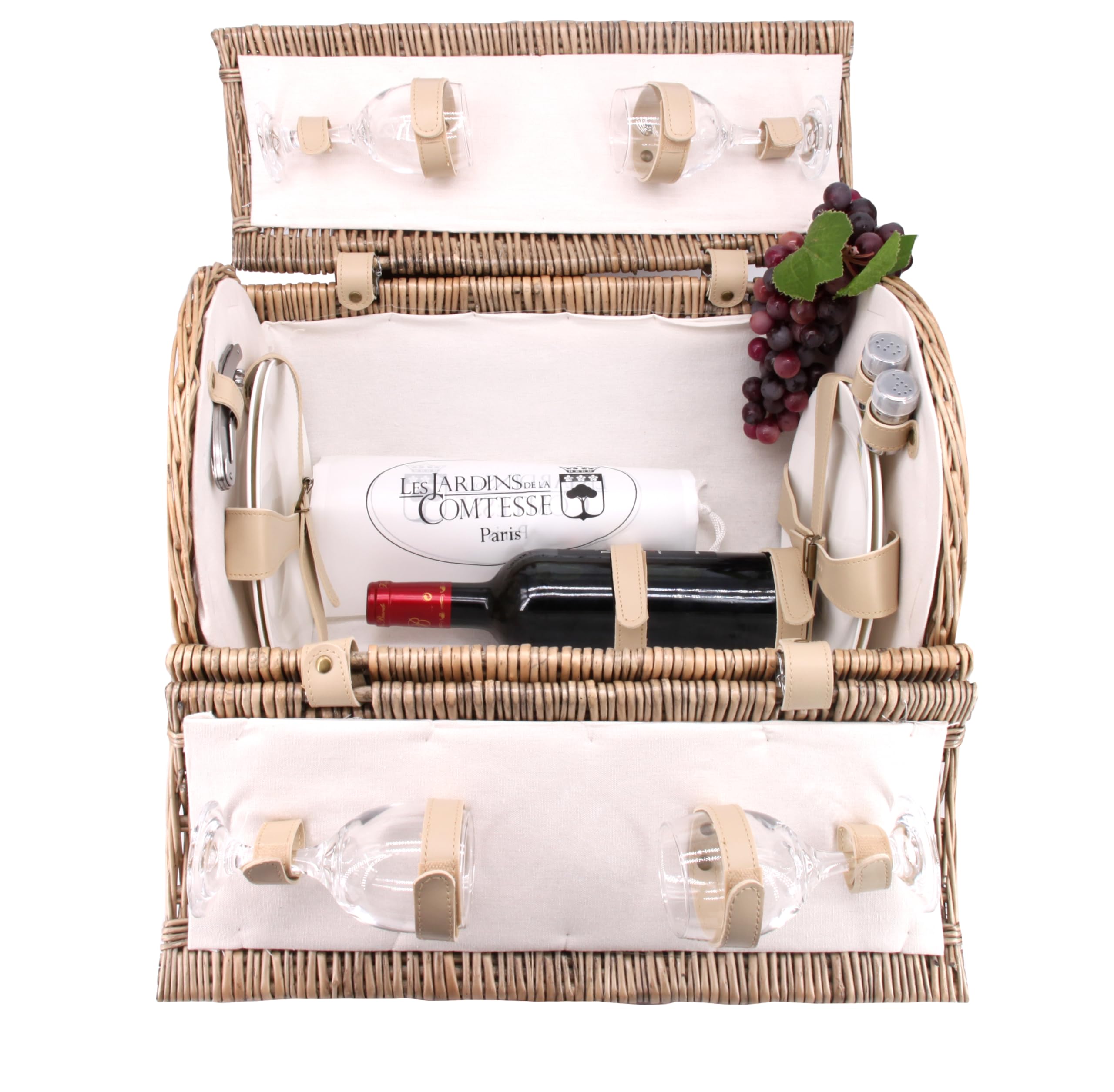 Les Jardins de la Comtesse Round Opera Picnic Basket for 4 People - Complete Dishware Set & Removable Insulated Cooler - Handwoven Natural Wicker - Beige Fabric - 47 x 30 x 30 cm - Perfect for Outdoor Picnics, Beach Trips & Romantic Getaways
