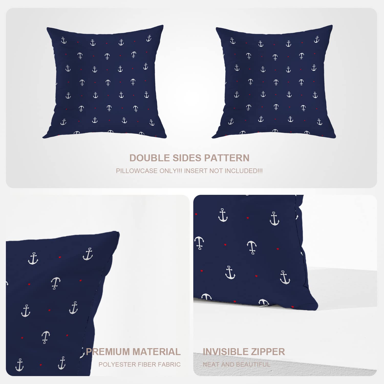 Nautical Coastal Decorative Pillow Covers 22x22 Inch - Blue & White Cotton Square Cushion Covers with Red Heart Design for Sofa, Bed, Boat, or Beach House Decor