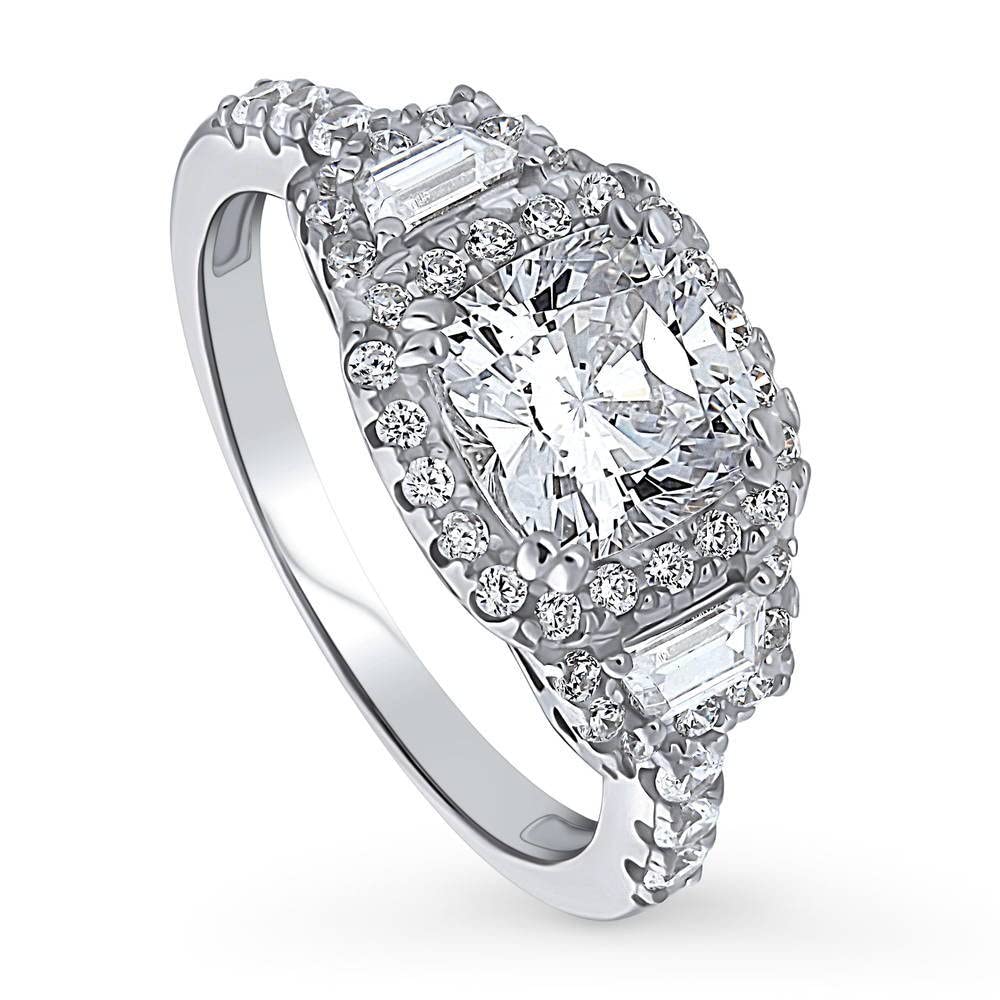 Sterling Silver 3-Stone Cubic Zirconia Engagement Ring for Women - 2 Carat Cushion Cut CZ Halo Wedding Ring, Rhodium Plated Size 4-10 - Perfect for Proposals, Anniversaries & Special Occasions