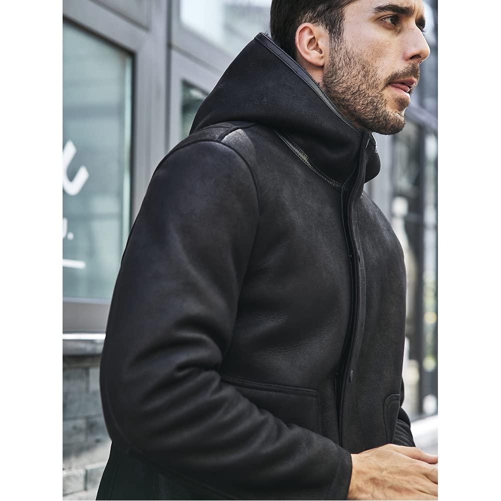 Denny&Dora Men's Shearling Jacket - Black Genuine Leather Coat with Warm Fur Lining | Winter Fashion Outerwear for Casual & Outdoor Activities