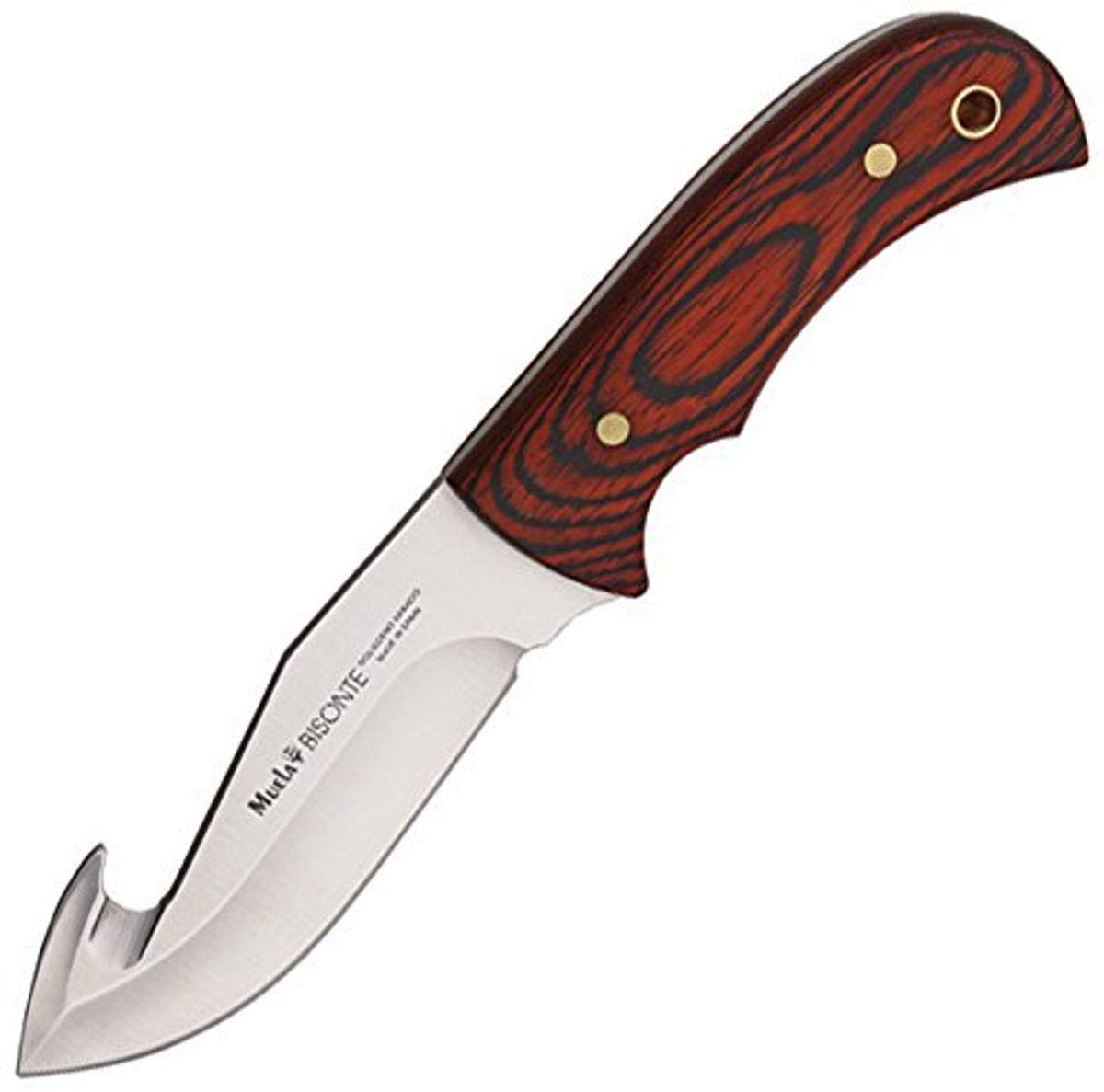 MUELA BISONTE-11R Pakkawood Handle Skinner Gut Hook Knife with Leather Sheath - Hunting, Camping & Outdoor Survival Tool