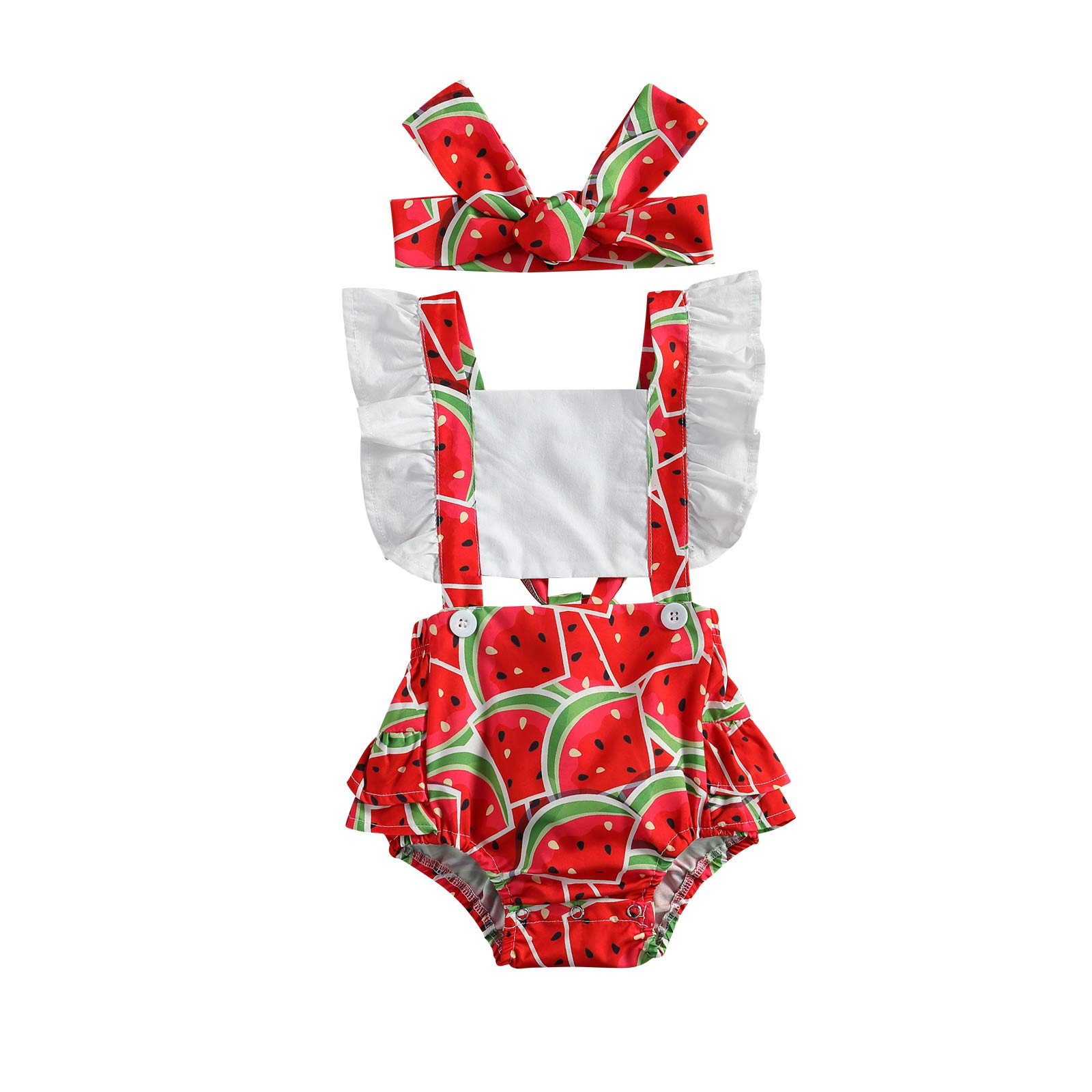 Adorable Baby Girl Romper - Ruffle Sleeveless Jumpsuit with Cute Fruits Print | Summer Outfits & Headband Set | Perfect for Playdates, Beach Trips & Photo Shoots