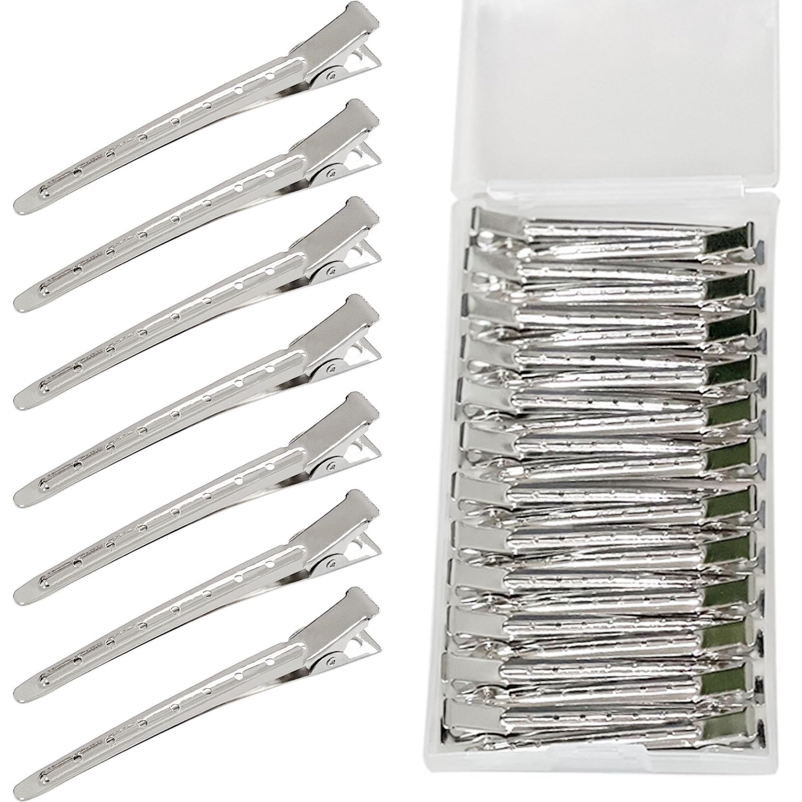 24Pcs Silver Duck Billed Hair Clips for Women - Metal Hair Sectioning & Curl Clips with Storage Case - Perfect for Salon Styling, DIY Haircuts & Home Hair Care