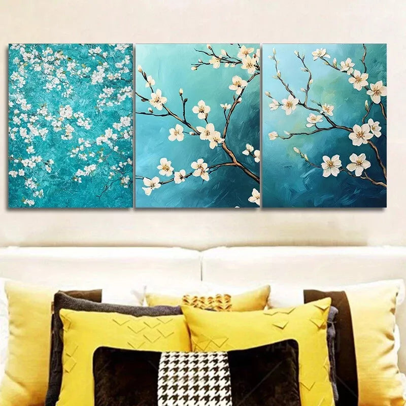 3-Piece Green and White Blooming Almond Trees Wall Art Set - Framed Canvas 50x70cm - High Quality Print - 100% Australian Made - Ready to Hang - Perfect for Living Room, Bedroom, or Office Decor