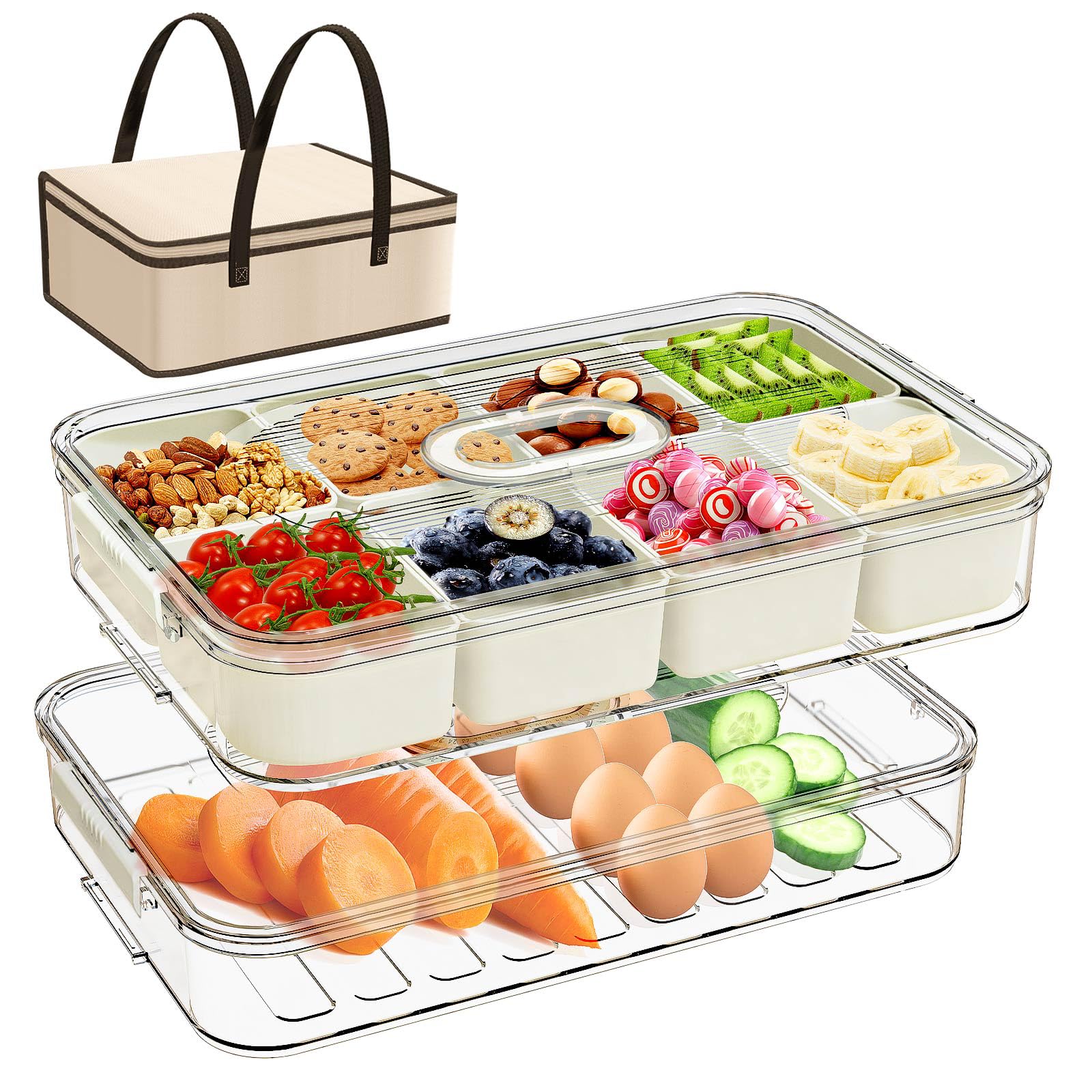 Stackable Divided Snack Box Containers with Lid - 8 Compartment Bento Lunch Tray for Snacks, Candy, Fruits, Nuts & Veggies | Double Layer Fridge Organizer | Perfect for Meal Prep, Picnics & Kids Lunch Boxes