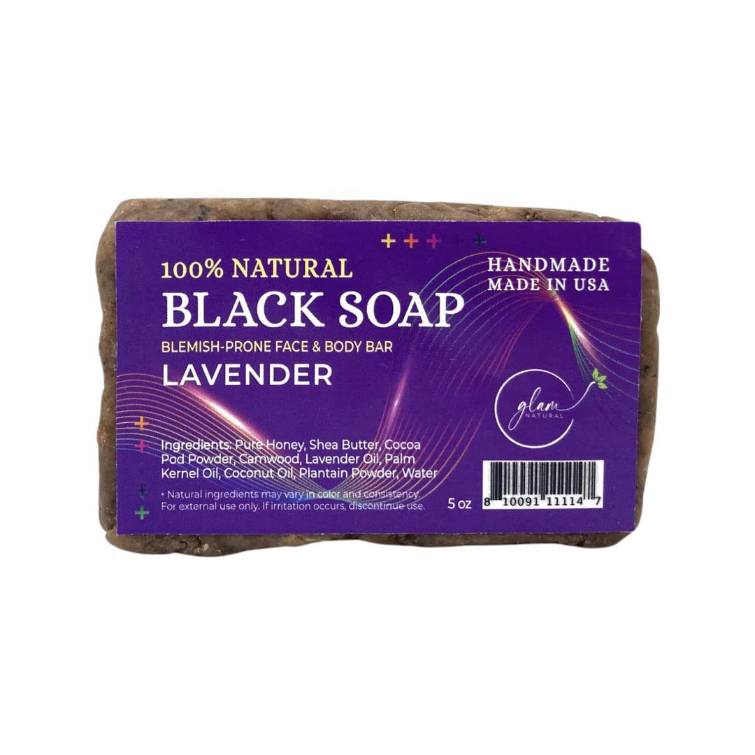 100% Natural African Black Soap with Lavender - 5 oz (Pack of 3) for Acne, Eczema & Sensitive Skin - Perfect for Face & Body Cleansing, Shower & Bath