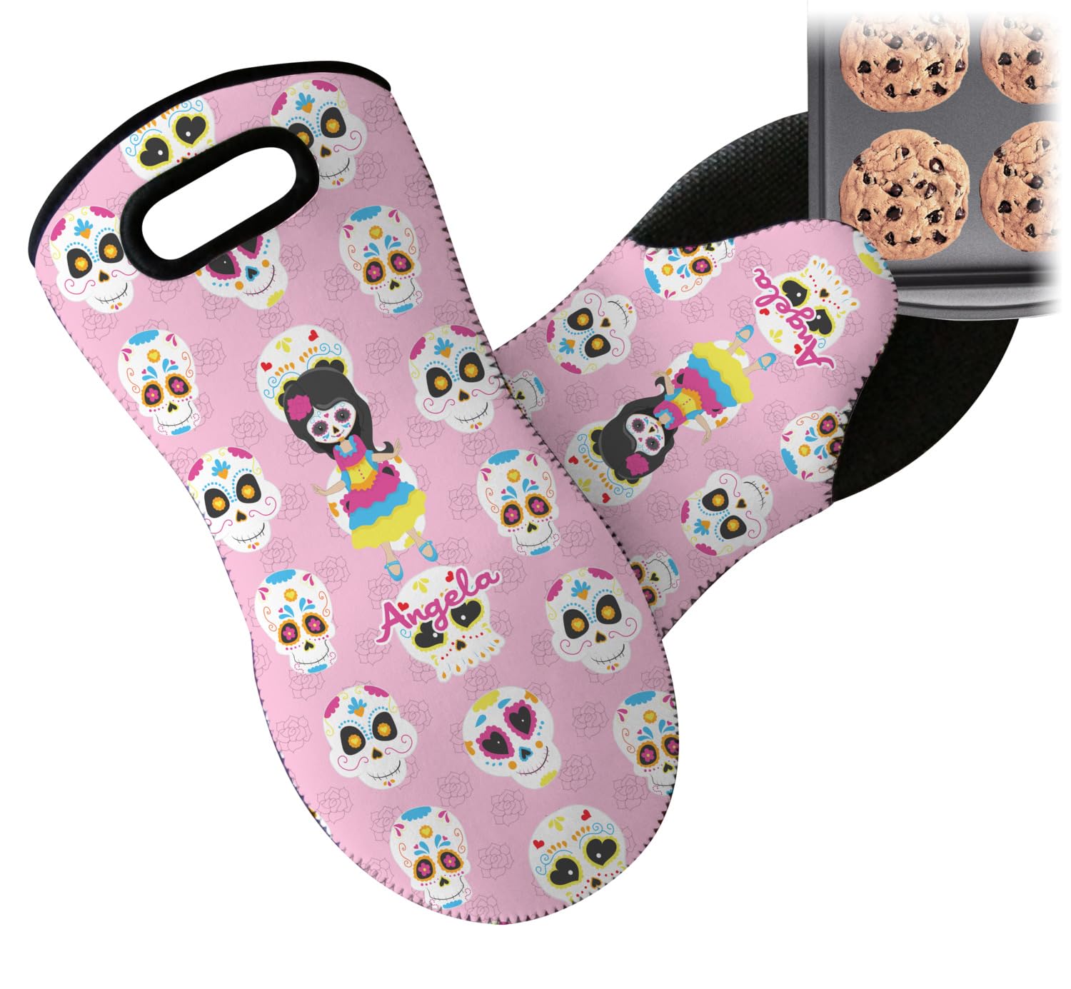 Custom Kids Sugar Skull Oven Mitt - Personalized with Name or Text - Heat Resistant Neoprene Kitchen Glove for Baking, Cooking & Holiday Gifts