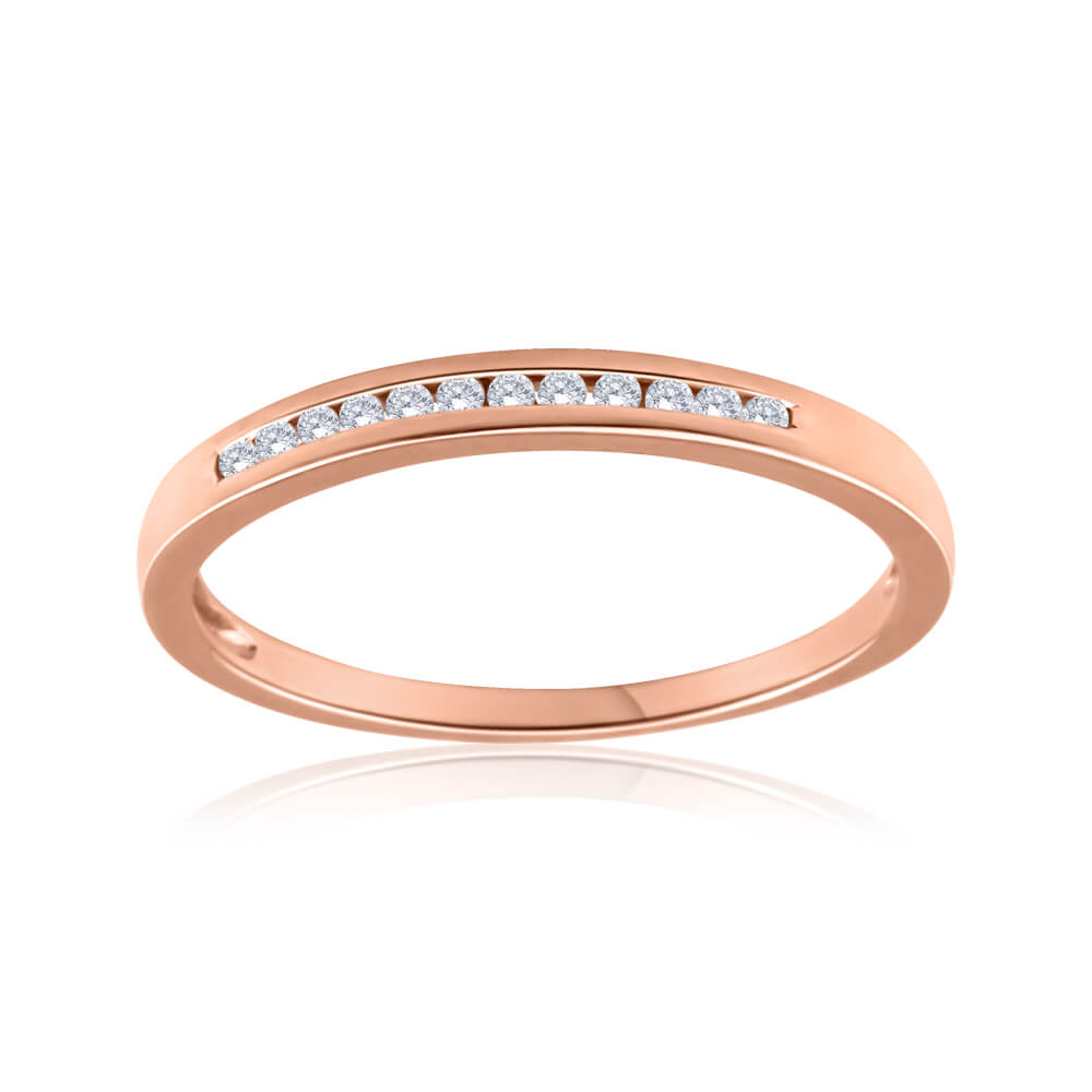 9ct Rose Gold Diamond Ring with 0.1 Carats Channel Set Diamonds - Elegant Wedding Band & Anniversary Gift for Her