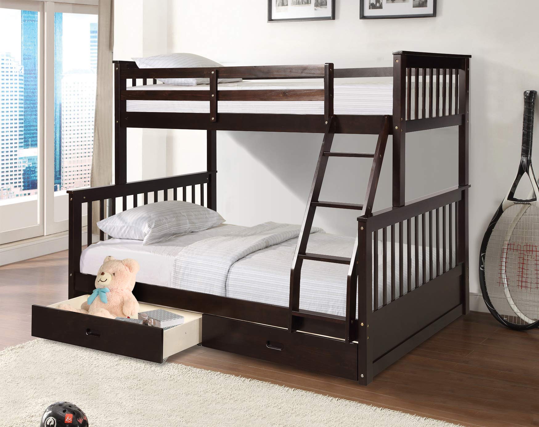 WeYoung Twin Over Full Bunk Bed with 2 Storage Drawers - Solid Wood Bunk Bed Frame with Ladder & Guardrail for Kids & Teens - Converts to 2 Separate Beds - 10-Slat Strong Support (Dark Espresso) - Perfect for Small Bedrooms, Guest Rooms & Kids' Shared Spaces