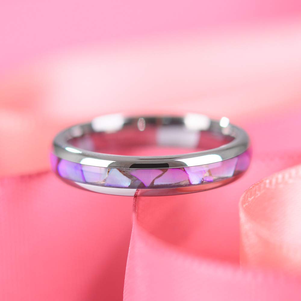 THREE KEYS 4mm Purple Shell Inlaid Tungsten Wedding Ring for Women - Durable Engagement Band for Bridal, Anniversary & Everyday Wear