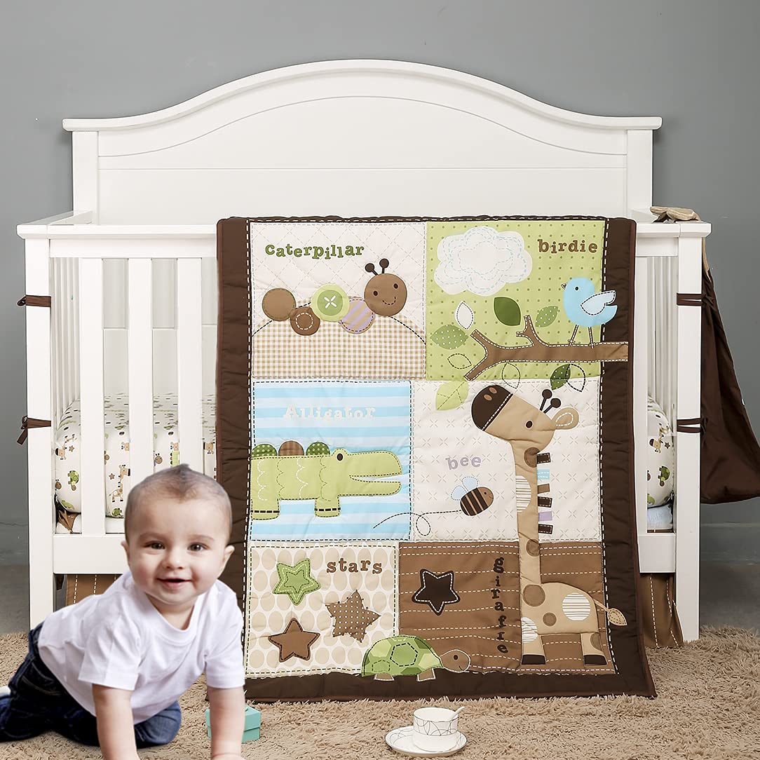 Brandream Boys Safari Animal Nursery Bedding Set - 4 Piece Crib Bedding with Giraffe, Crocodile & Bird Prints - Soft Baby Comforter Blanket for Newborn & Toddler - Perfect for Jungle Themed Nursery Decor & Baby Shower Gifts