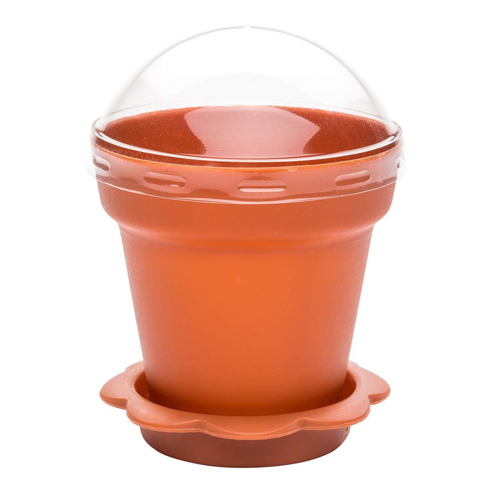 Restaurantware 6oz Disposable Brown Plastic Cupcake Flower Pots with Lids & Removable Saucer Base - 100 Pack for Baking, Desserts, Puddings & Party Serving | Eco-Friendly Cake Containers for Home, Bakery & Catering Events