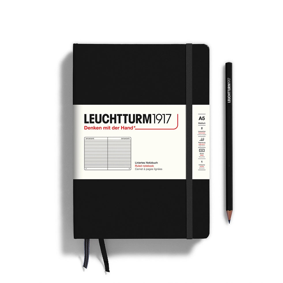 Leuchtturm1917 Hardcover Notebook A5 Size - Ruled Pages, Black - Perfect for Journaling, Note Taking & Planning