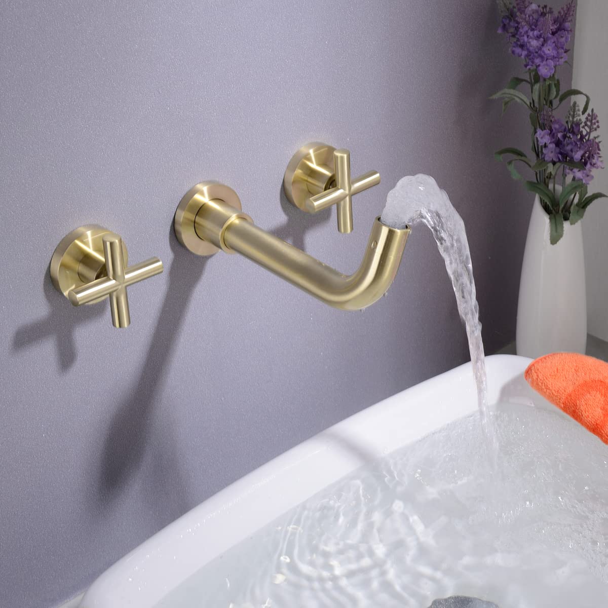 TRUSTMI 2-Handle Wall Mounted Brass Vessel Sink Faucet with Rough-in Valve - Brushed Gold Finish Bathroom Faucet for Vanity & Powder Room | Durable Brass Construction for Modern & Traditional Bathrooms