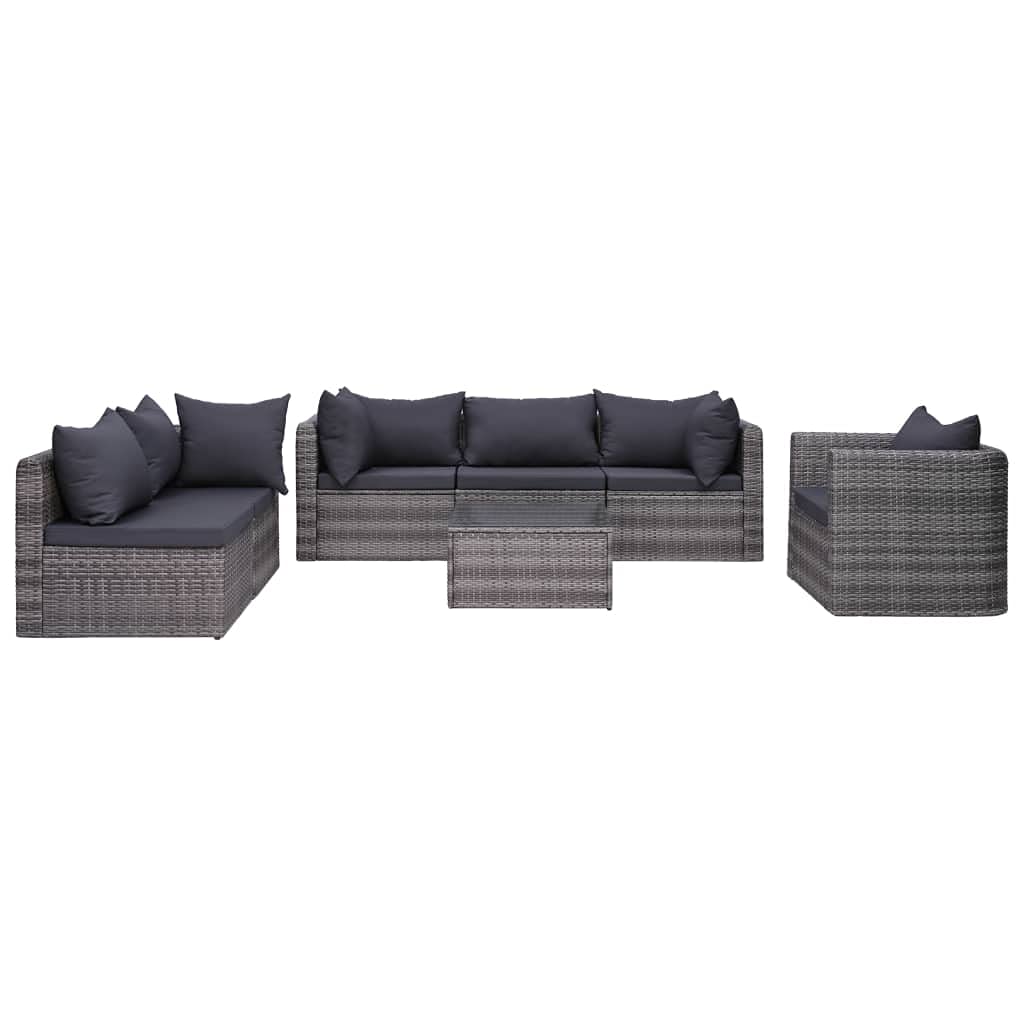 7-Piece Gray Poly Rattan Patio Furniture Set with Cushions & Coffee Table - Outdoor Garden Sofa Conversation Set for Backyard, Deck, and Poolside Relaxation