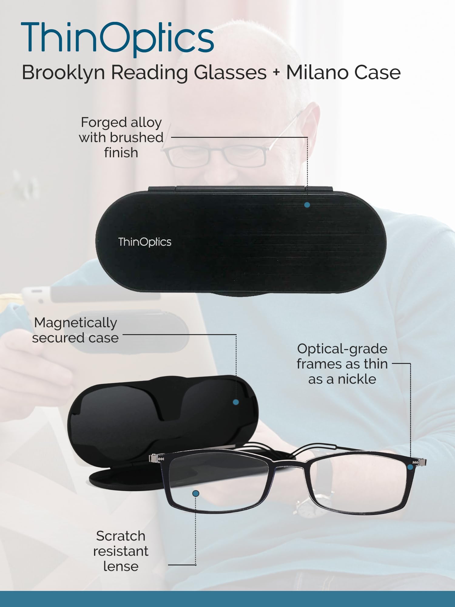 ThinOptics Rectangular Reading Glasses - Lightweight & Stylish Readers for Men & Women - Perfect for Reading, Work, and Travel