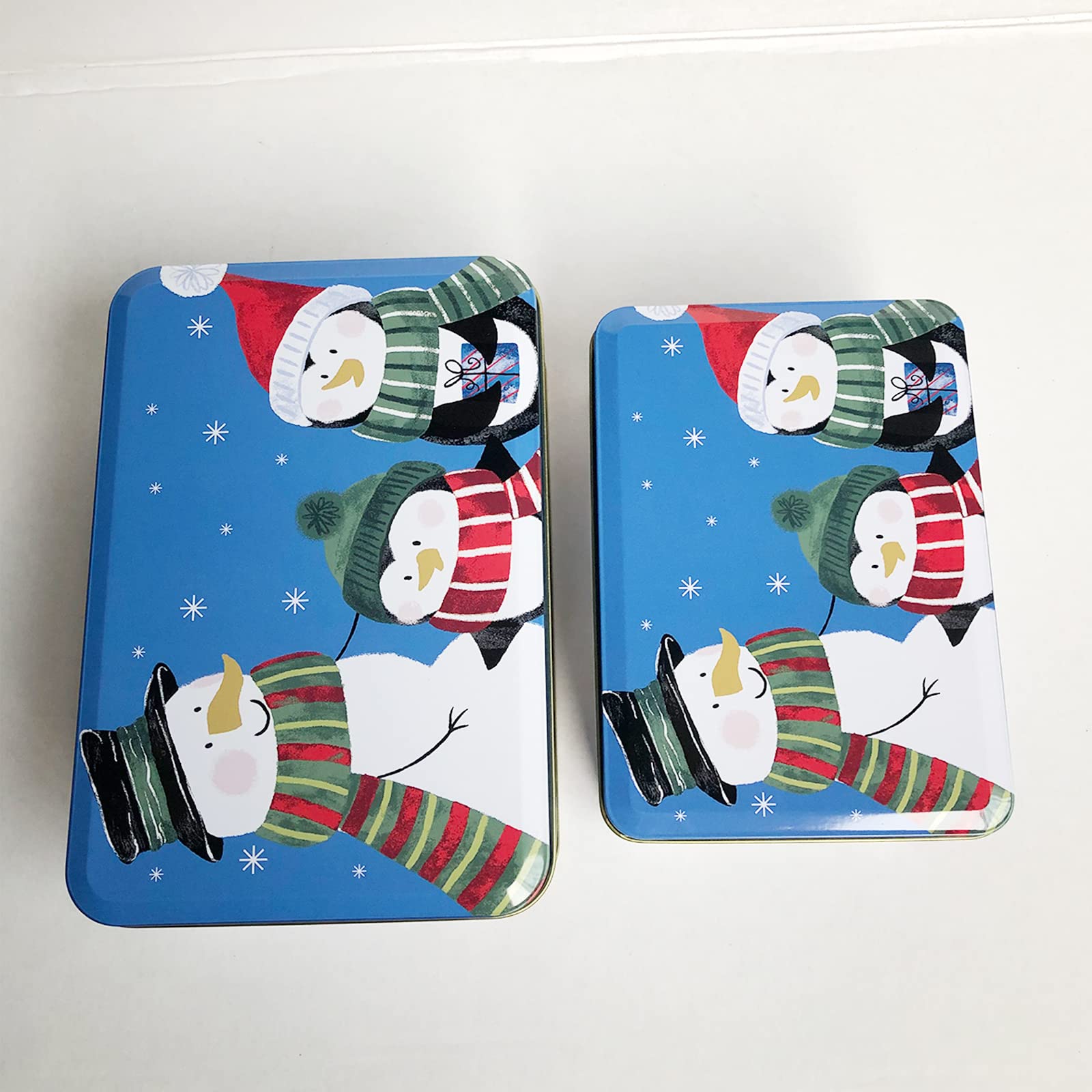 Christmas Cookie Tins with Lids - 2 Pack Metal Gift Boxes for Holiday Treats, Candy, Chocolate & Nuts | Empty Rectangle Snack Storage Containers | Festive Blue Penguin Design | Perfect for Gift Giving, Cookie Swaps & Home Storage