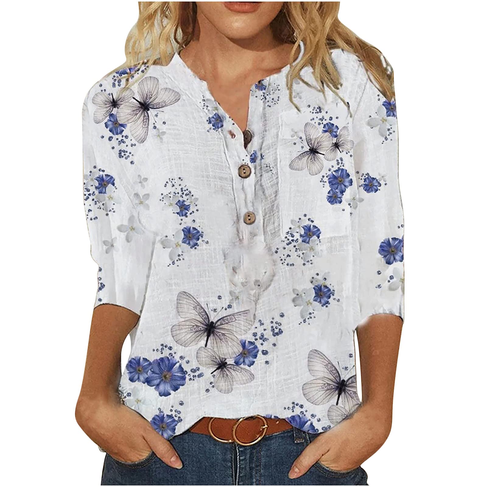 Trendy Floral Print Women's Summer Tops - Sexy Stand-Up Collar Casual Loose Fit 3/4 Sleeve Blouses & Tees | Perfect for Beach Outings, Date Nights and Summer Vacations