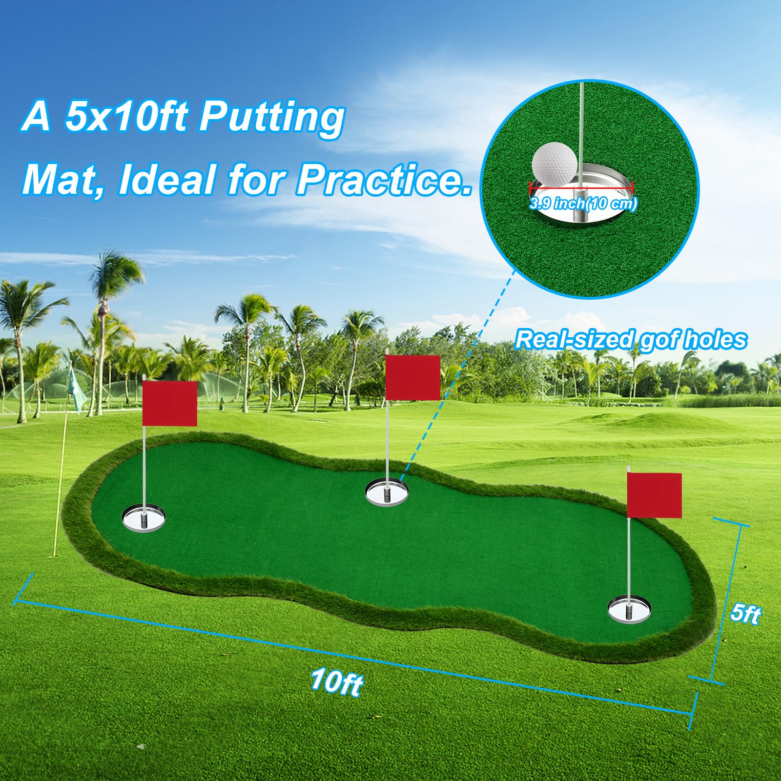 Premium Indoor/Outdoor Golf Putting Green Mat - 3 Holes with Challenge Cup & Flags - Practice Slope for Home Golf Simulators - Perfect for Backyard Training & Office Putting Practice