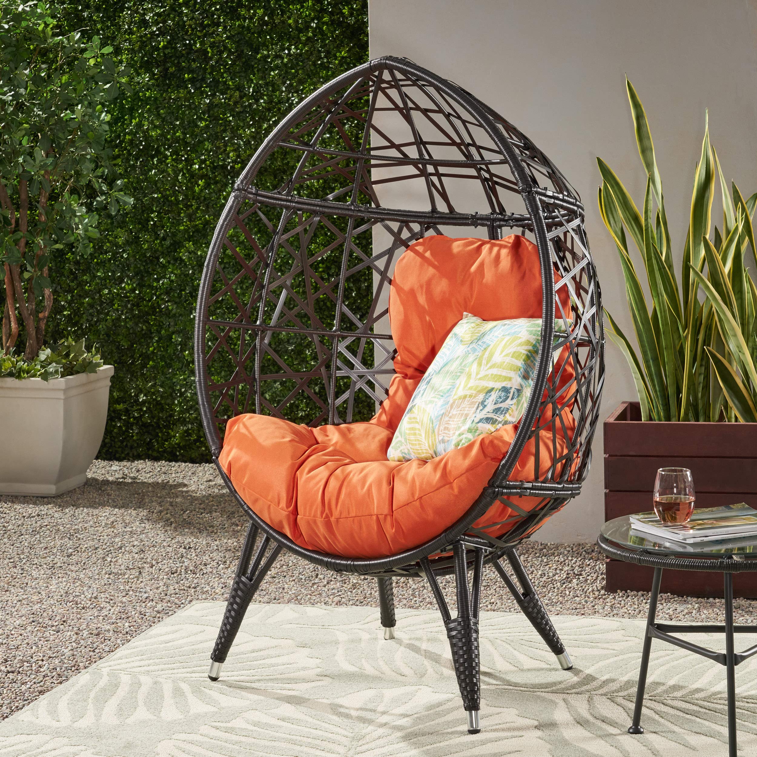 GDF Studio Outdoor Wicker Teardrop Chair with Cushion - Brown and Orange Patio Furniture for Garden, Poolside, or Backyard Relaxation