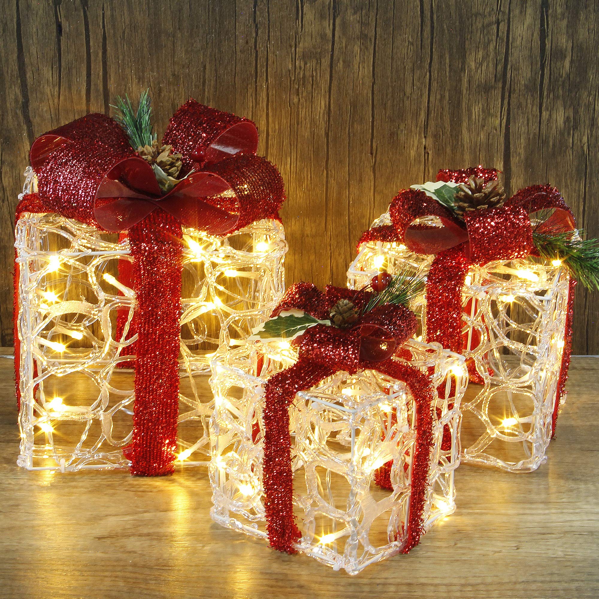 ATDAWN Set of 3 Clear Acrylic Lighted Gift Boxes - Christmas Present Box Decorations for Home, Party & Holiday Display - Perfect for Christmas Tree, Mantel & Tabletop Decor