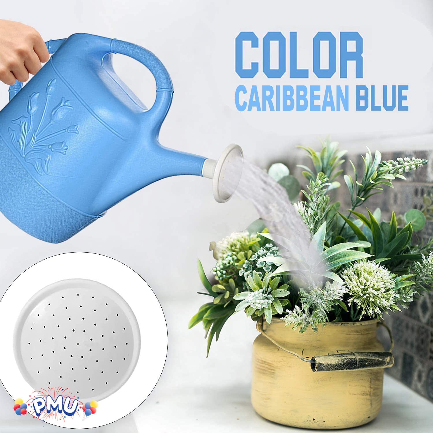 2 Gallon Plastic Watering Can for Indoor & Outdoor Plants - Detachable Sprinkler Head, Large Garden Water Pot - Made in USA (Blue) - Perfect for Houseplants, Flower Beds & Vegetable Gardens