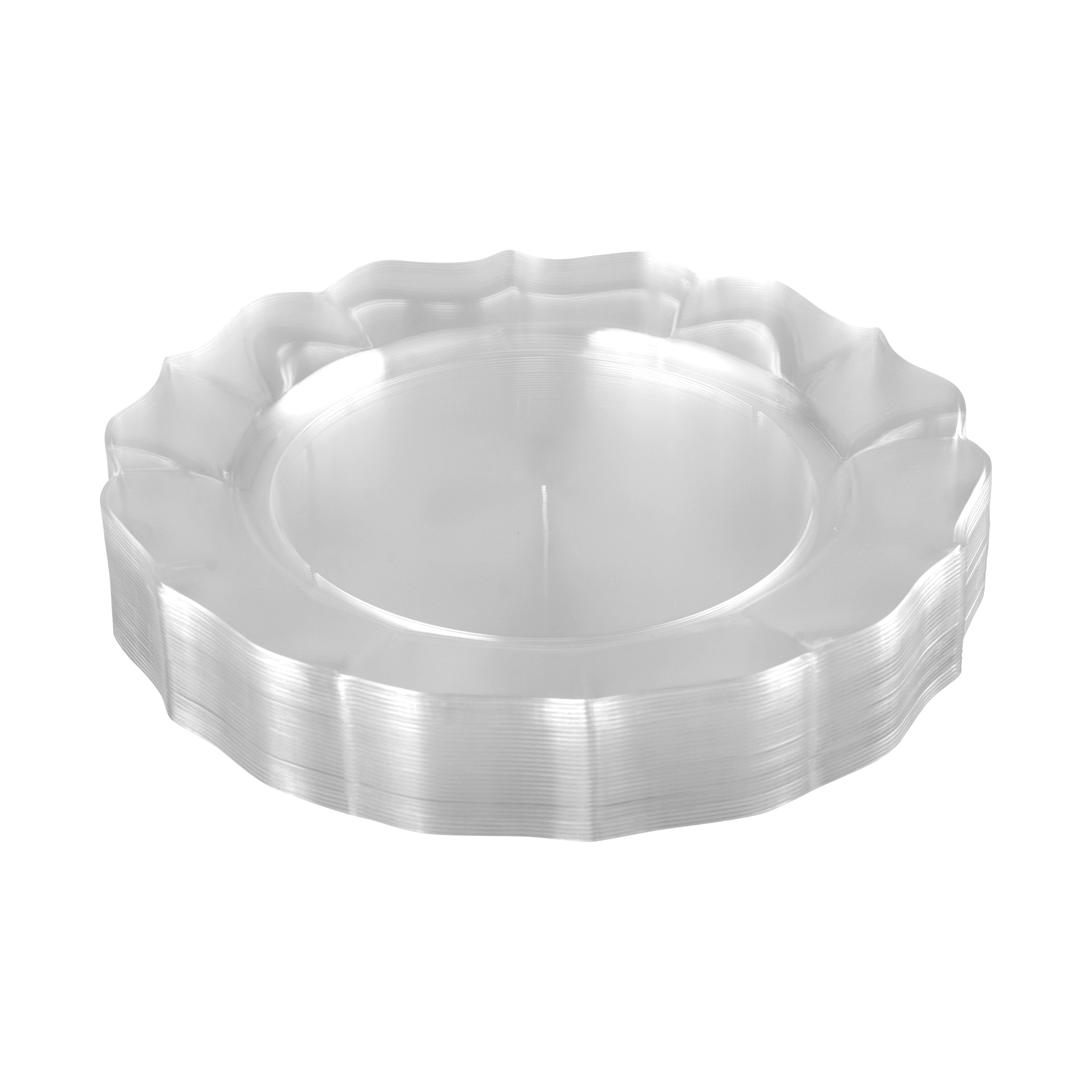 Eco-Friendly Clear Round Plastic Plates with Scalloped Edge - 50 Pack Disposable Dinner Plates for Parties, Picnics & Events - BPA-Free, Durable & Stylish Tableware