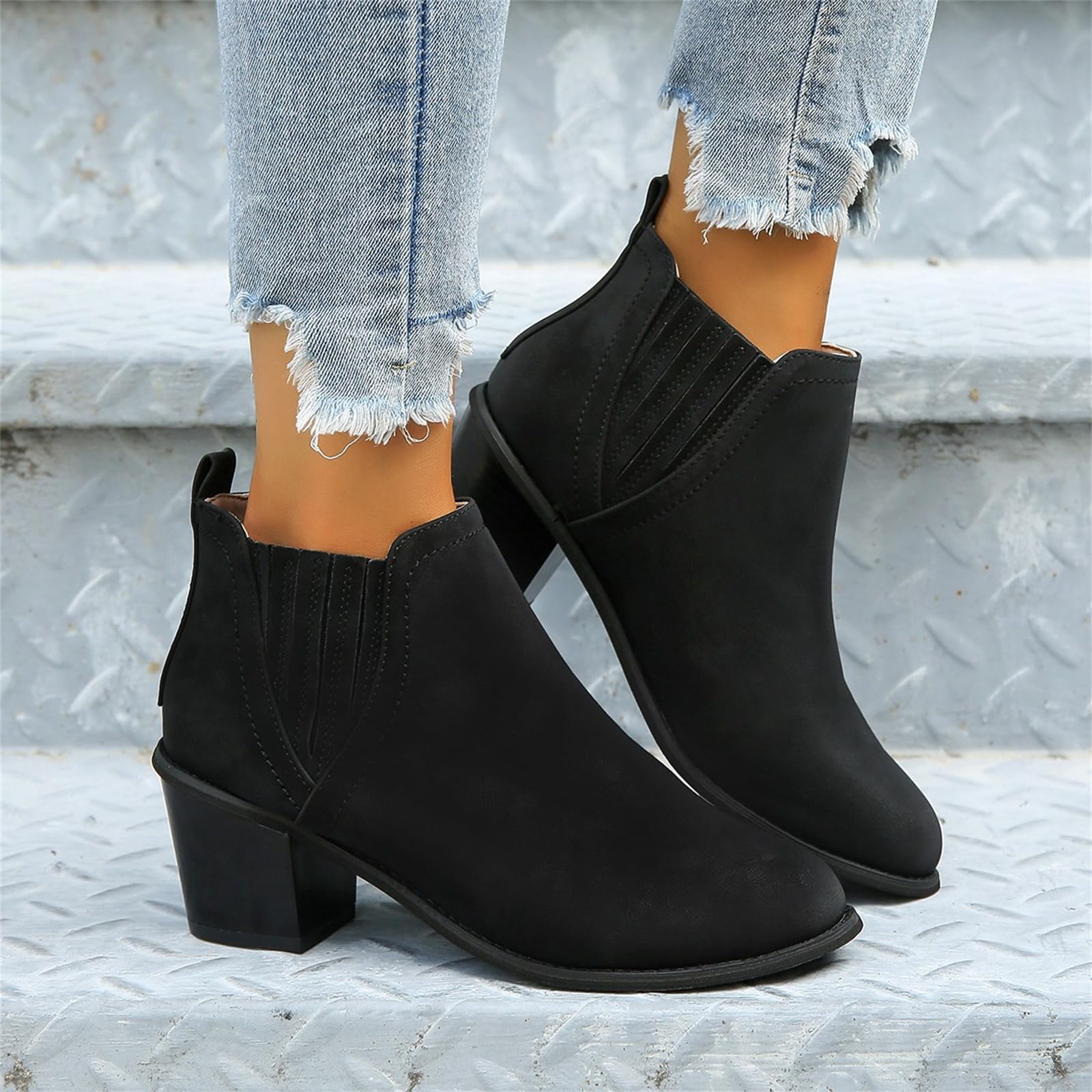 Lausiuoe Women's Ankle Boots - Chunky Heel Slip On Pointed Toe Booties with Side Zipper | Wide Width Western Style Short Boots for Casual Outfits & Office Wear