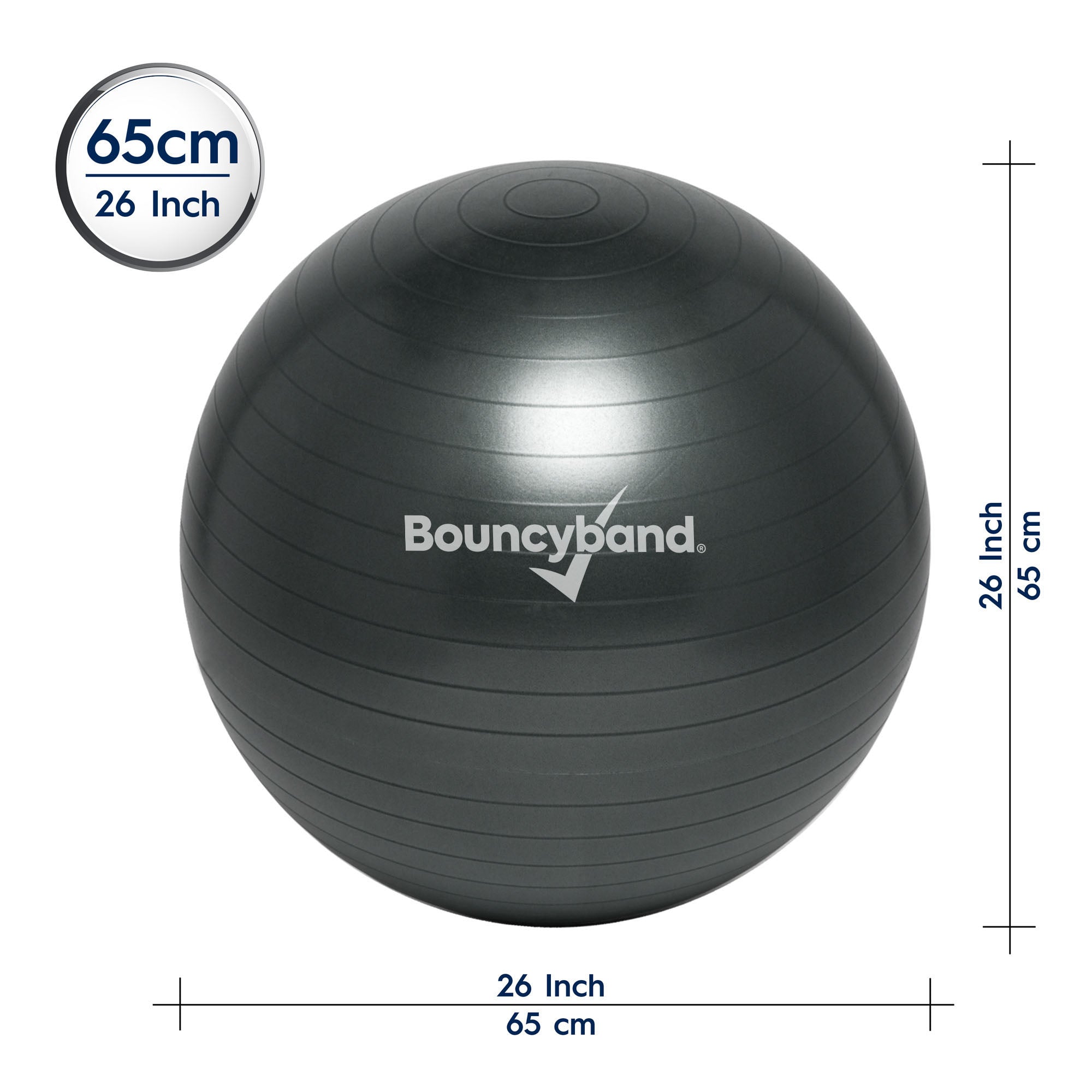 Bouncyband 65cm Balance Ball Chair - Dynamic Dark Gray Stability Ball Seat for Active Sitting, Office, Classroom & Home Use