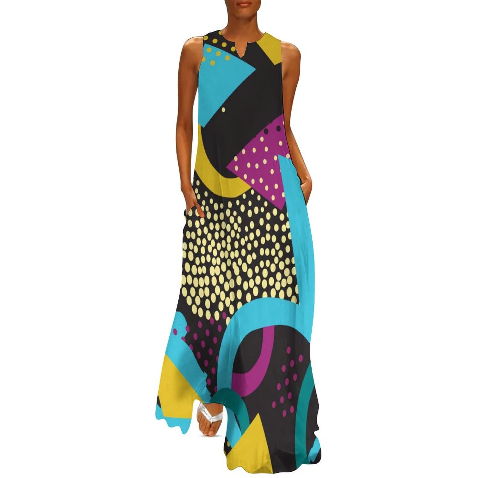 Vintage 80s 90s Summer Dresses for Women - Floral Triangle Print Sleeveless Long Maxi Dress | Beach Wedding, Vacation, Party & Casual Wear