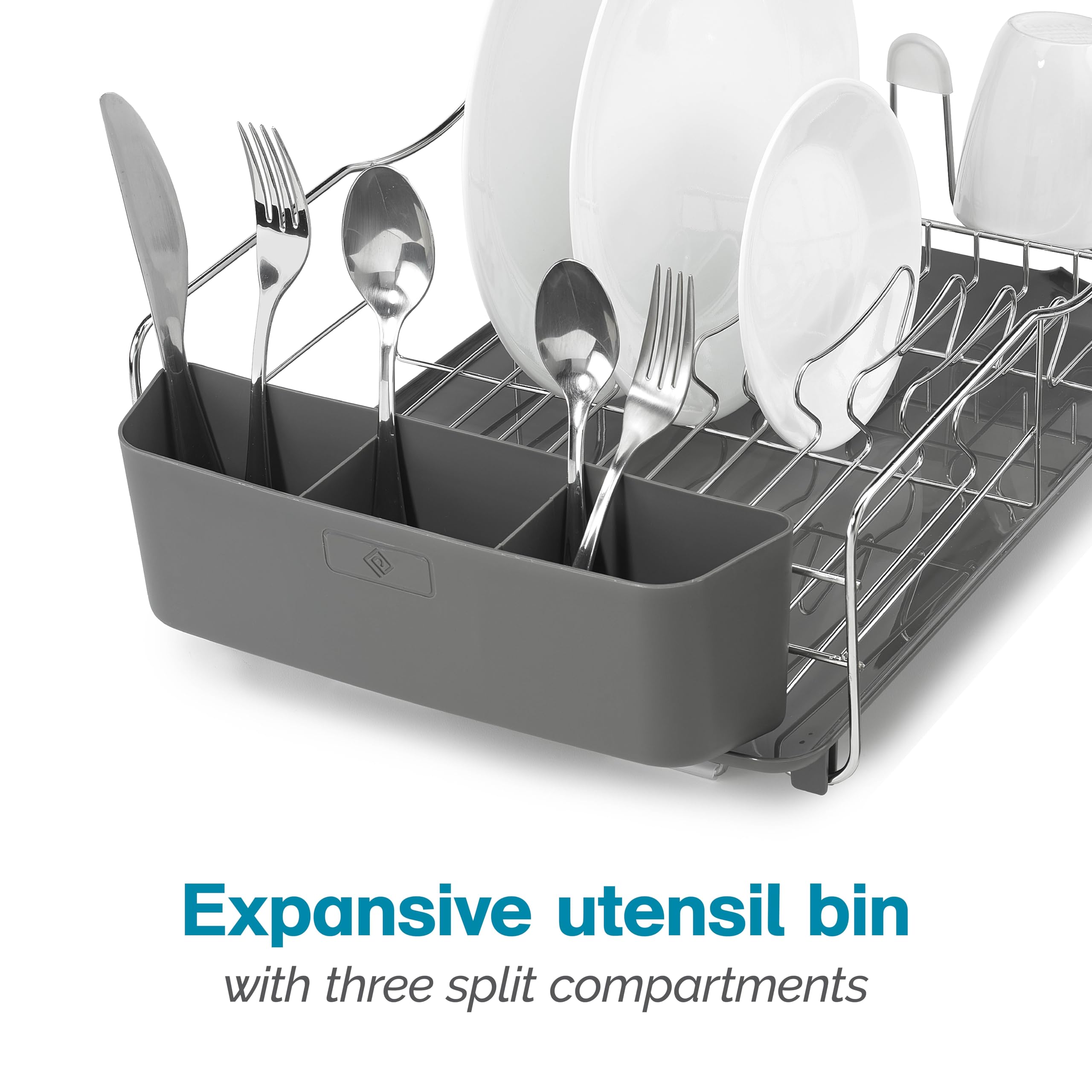 Polder KTH-615 4-Piece Dish Drying Rack Set with Drain Tray, Removable Drying Tray & Cutlery Holder - Stainless Steel & Plastic Dish Organizer for Kitchen Countertop - Perfect for Small Spaces, Apartments & RV Kitchens